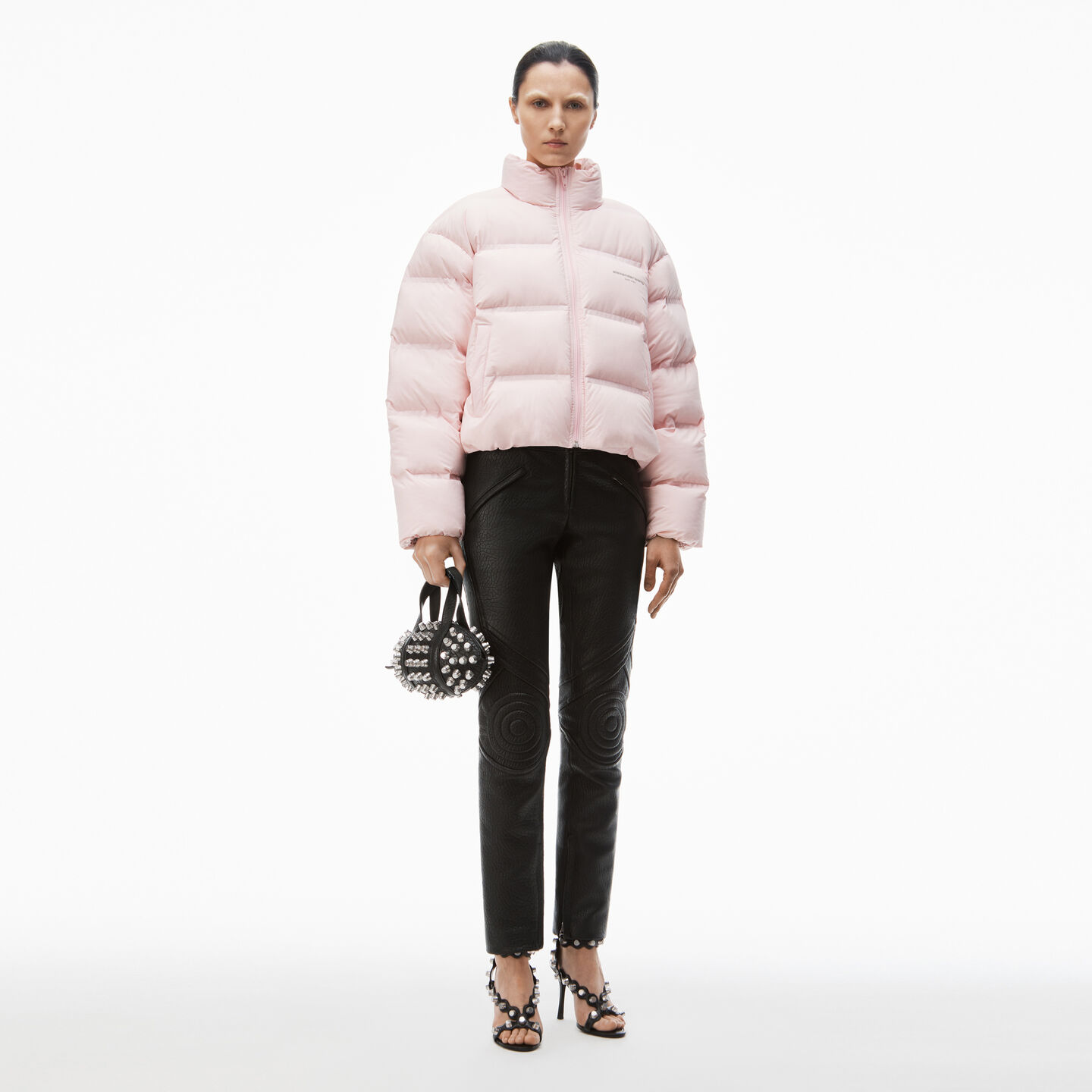 Alexander Wang Cropped Puffer Coat With Reflective Logo In Light Pink