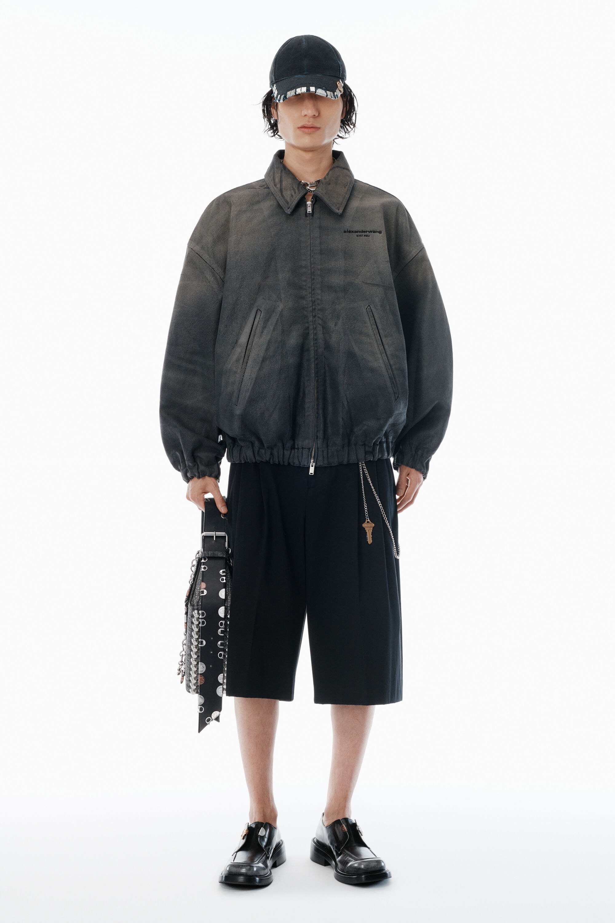 Black leather trompe-l'oeil jacket in VINTAGE BLACK | alexanderwang®