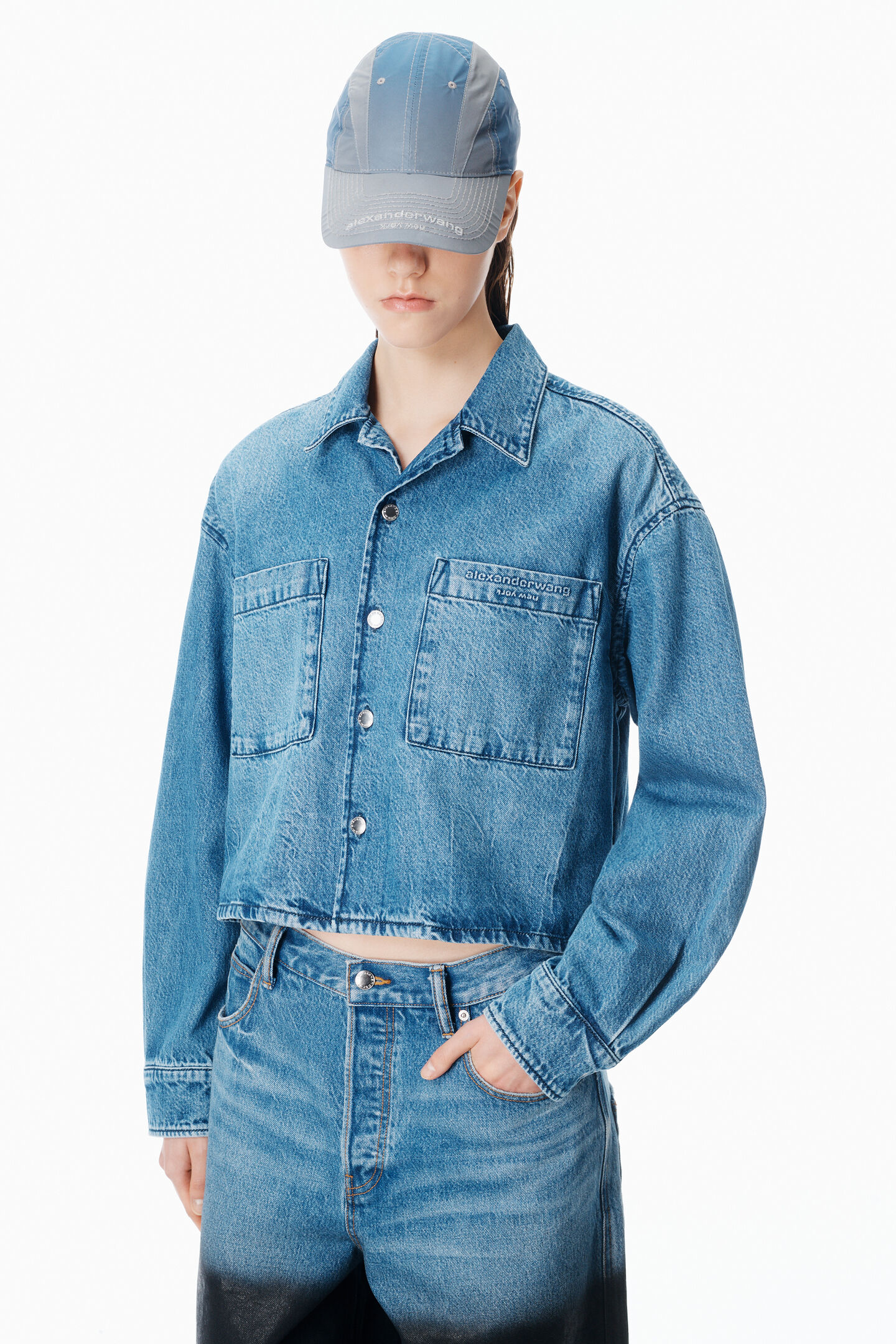 Alexander Wang Cropped Long Sleeve Shirt In Blue
