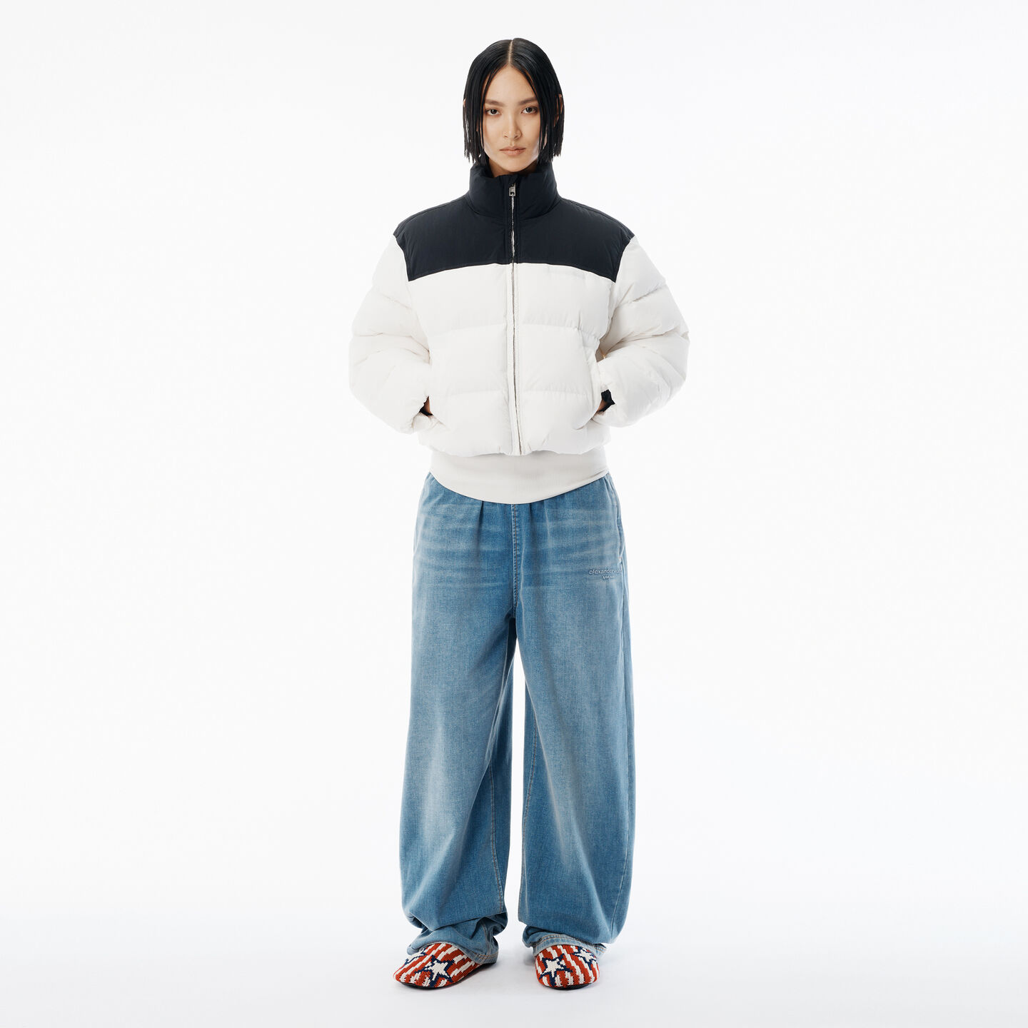 Alexander Wang Cropped White Puffer Jacket With High Collar And Contrast Panel In Multi