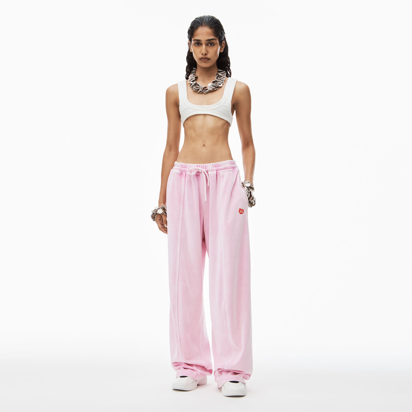 Alexander Wang Apple Logo Track Pant In Velour In Washed Candy Pink
