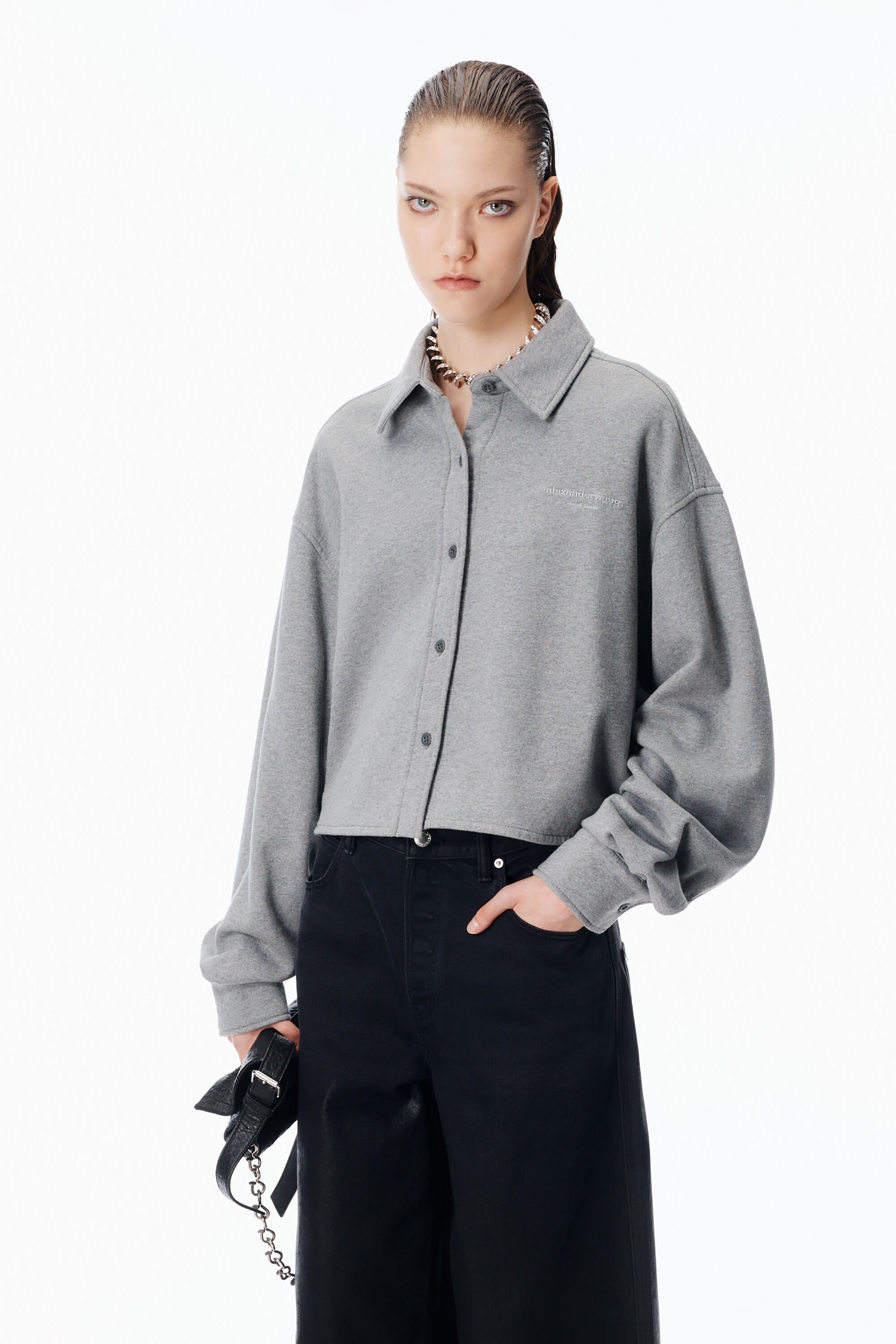 Button Up Cropped Shirt in DARK HEATHER GREY | alexanderwang®