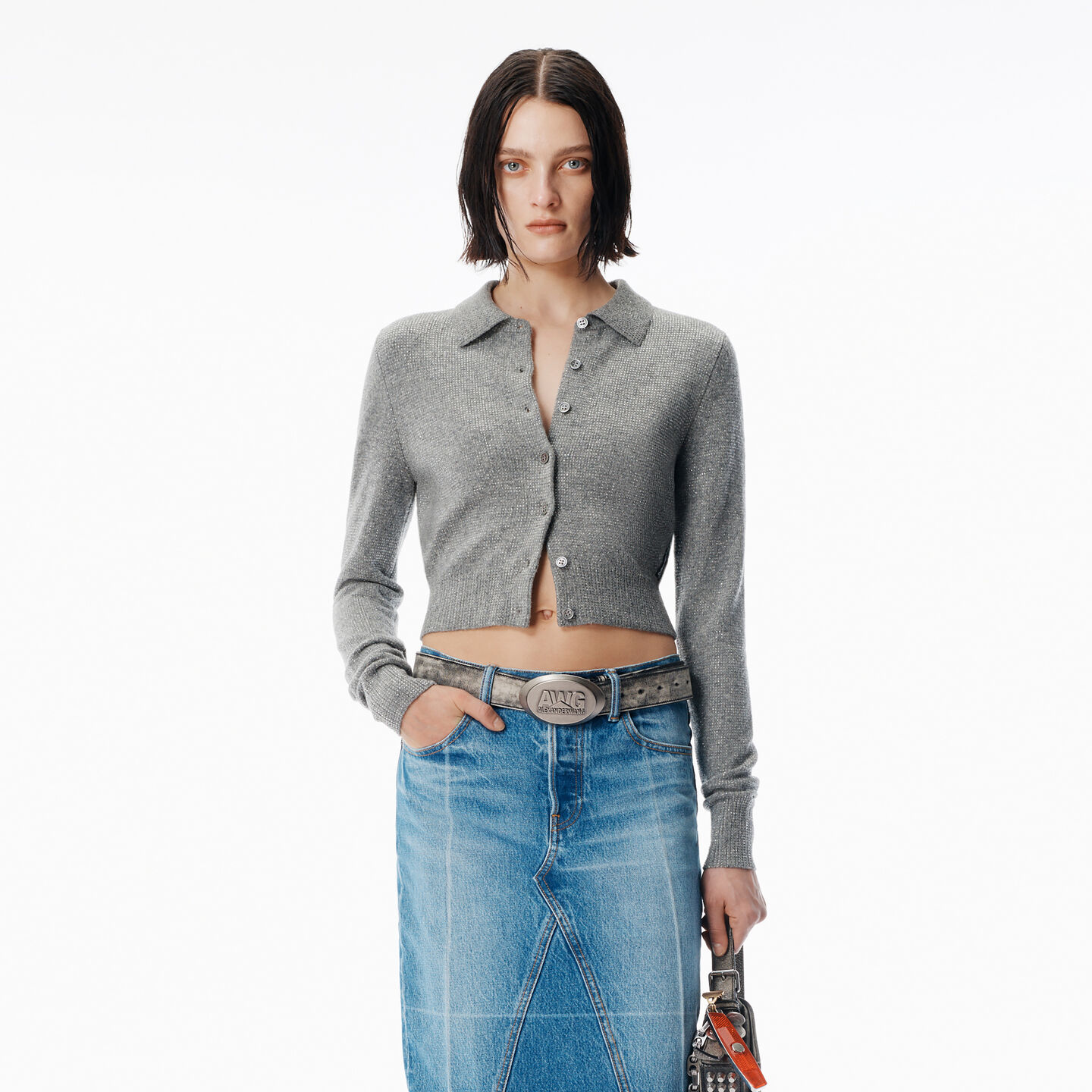 Alexander Wang Grey Wool-blend Hotfix Polo Cardigan In Gray