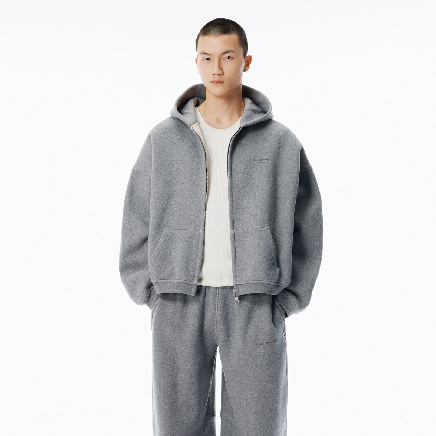 Alexander Wang Grey Hotfix Terry Zip Hoodie In Gray