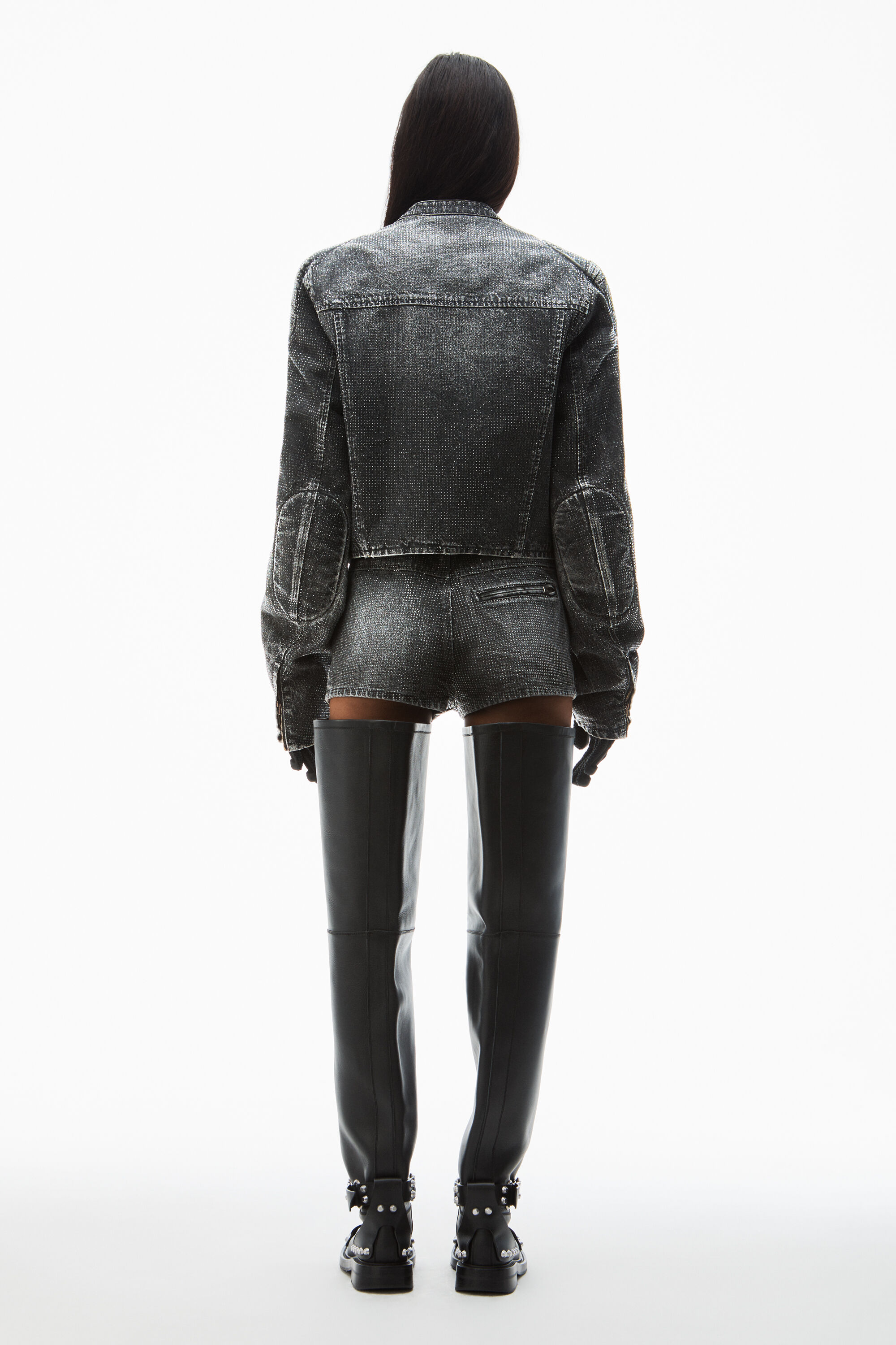 【関税込み】Alexander Wang Jeans with logo crystal hotfix clear crystal hotfix moto pant in cotton denim in BLACK
