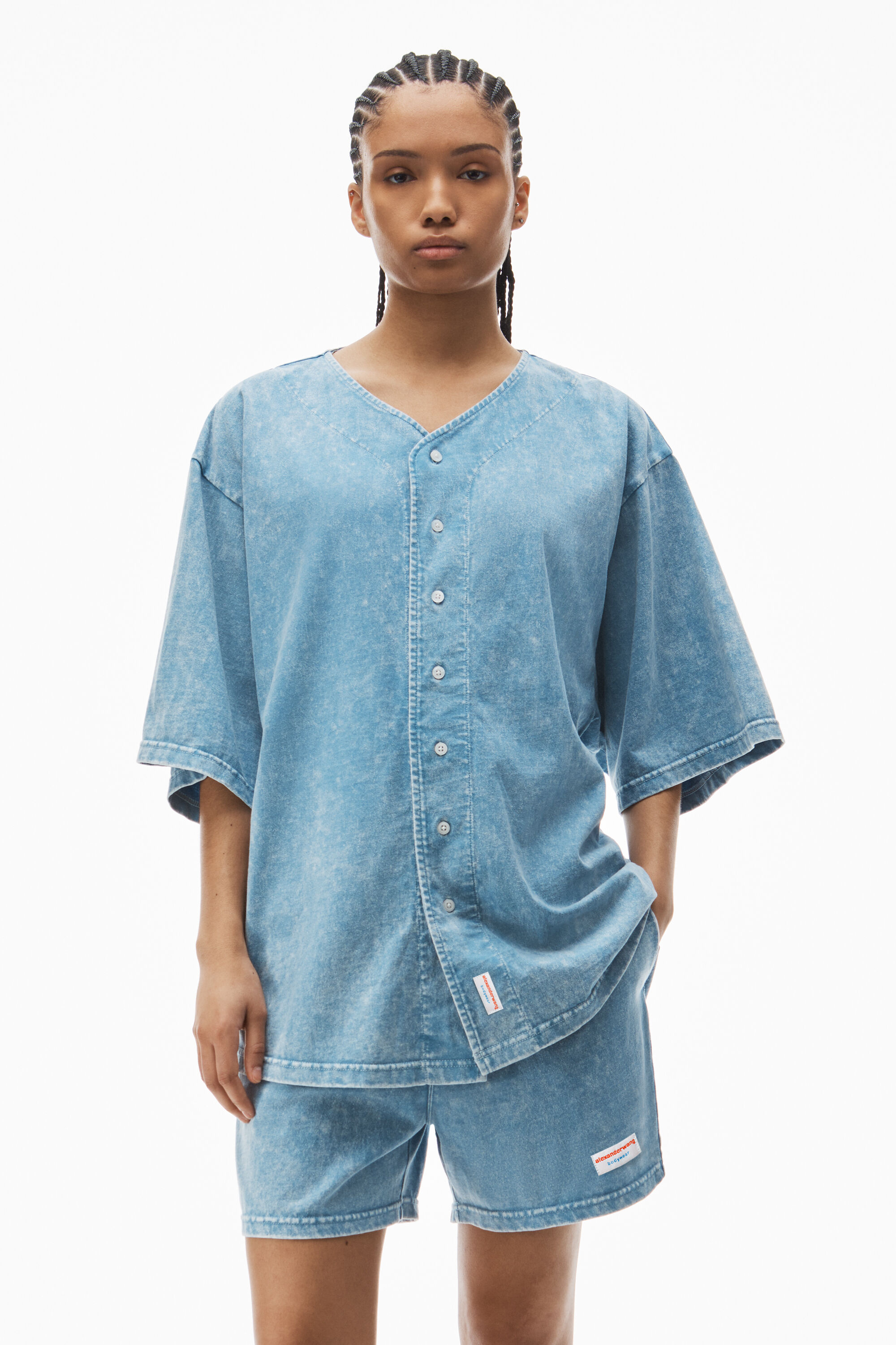 oversized baseball shirt in cotton jersey in WASHED BLUE