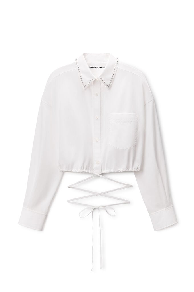 Alexander Wang Crystal Stud Crop Drawstring Waist Cotton Button-up Shirt In White