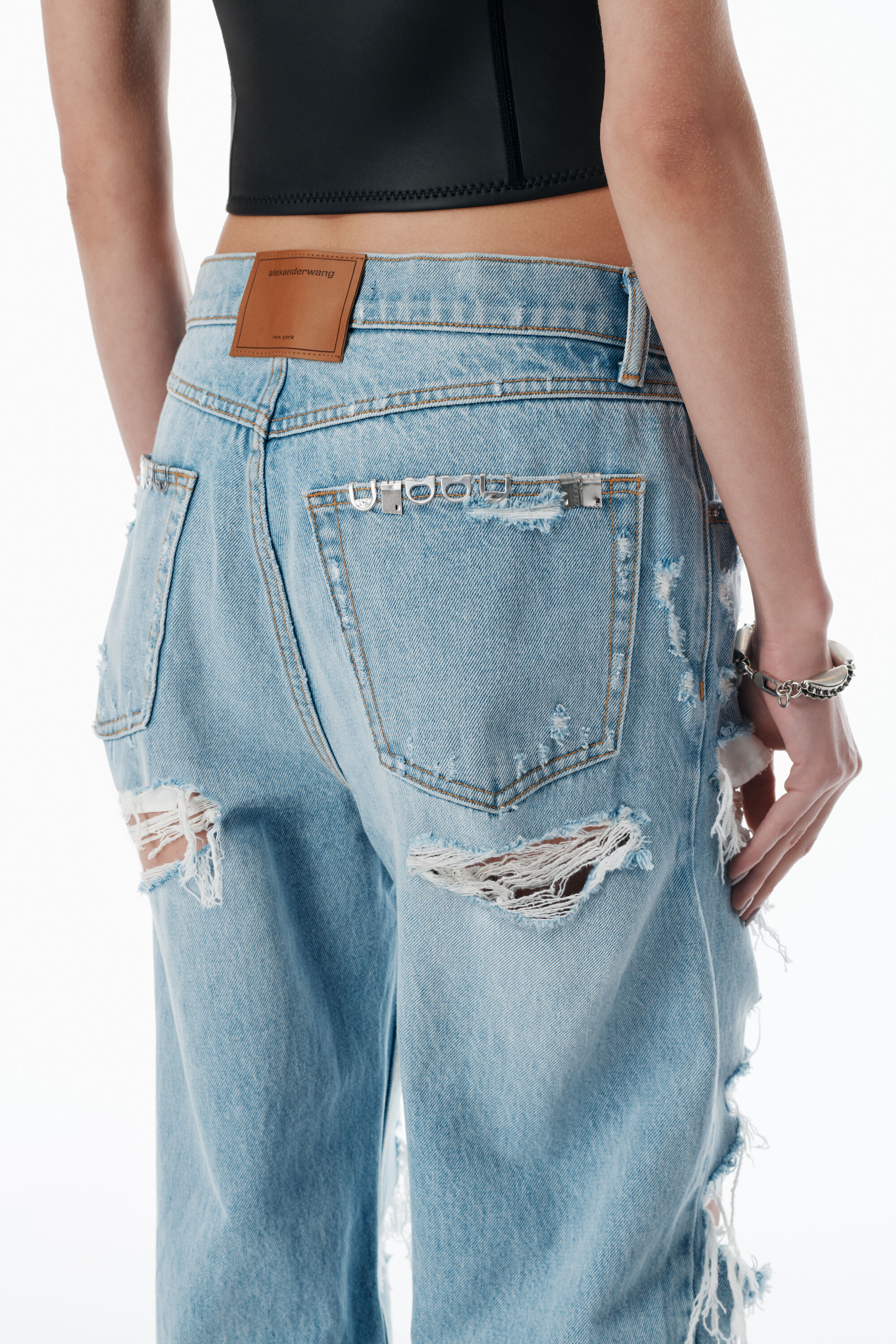 distressed ez mid-rise jeans with hardware in LIGHT POWDER BLUE