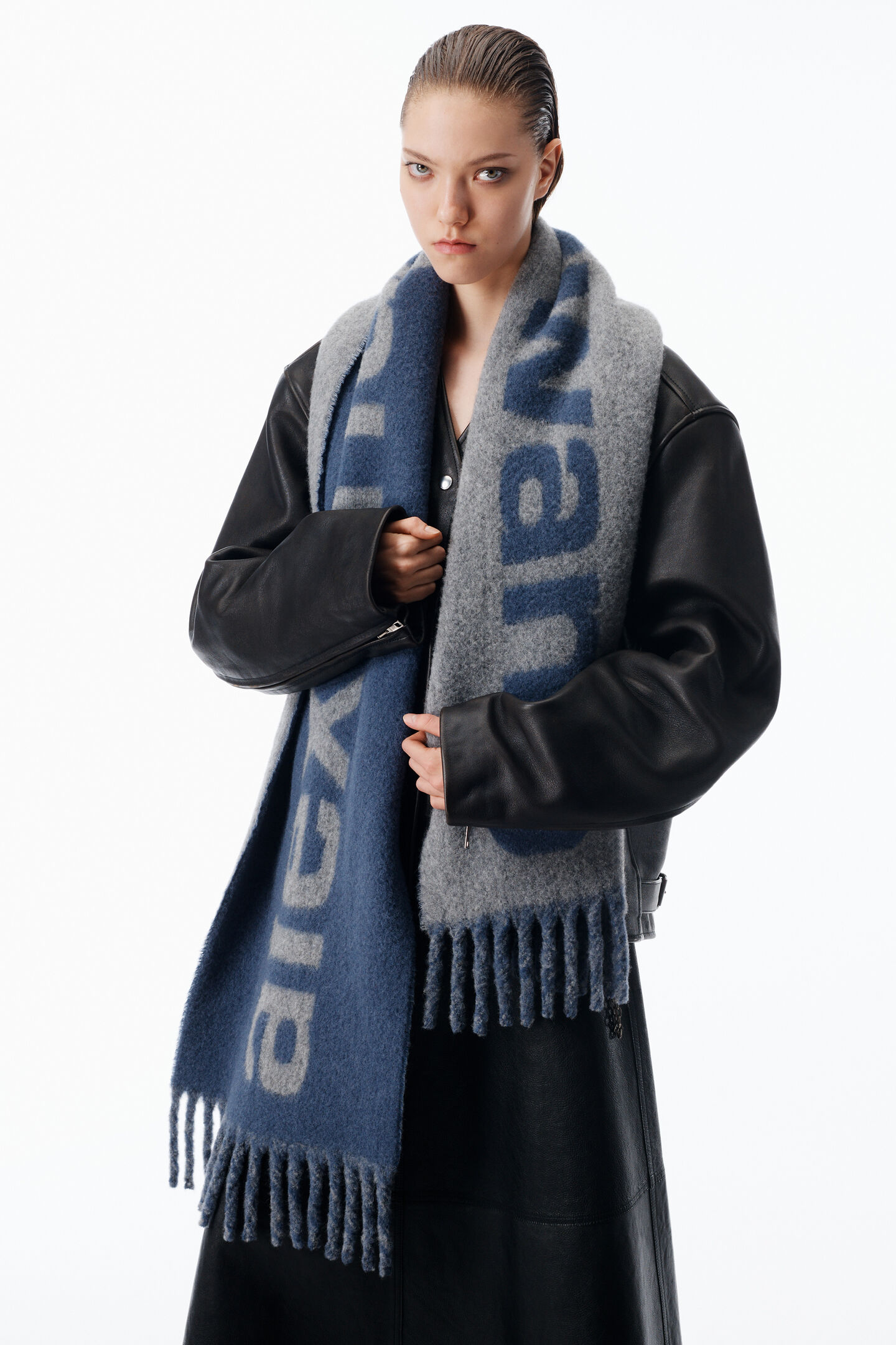 Alexander Wang Jacquard Logo Scarf In Alpaca-wool Blend In Gray