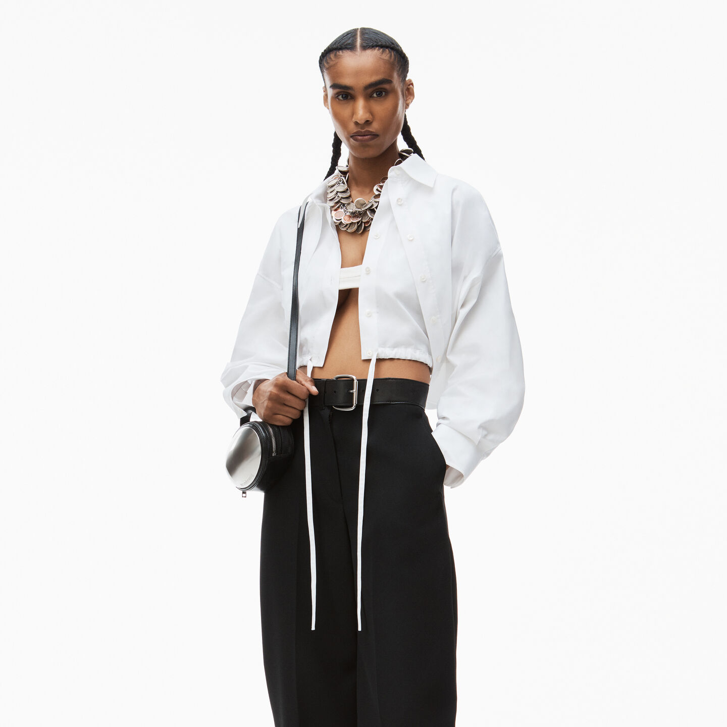 Alexander Wang Double Layered Cropped Shirt In Compact Cotton With Tie Waistband In White