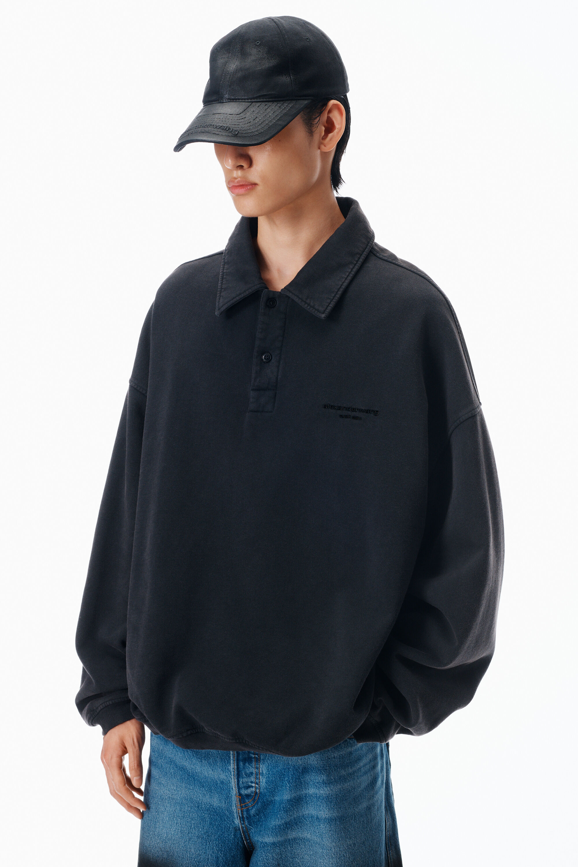 Long Sleeve Polo in Cotton Oversized in WASHED BLACK | alexanderwang®