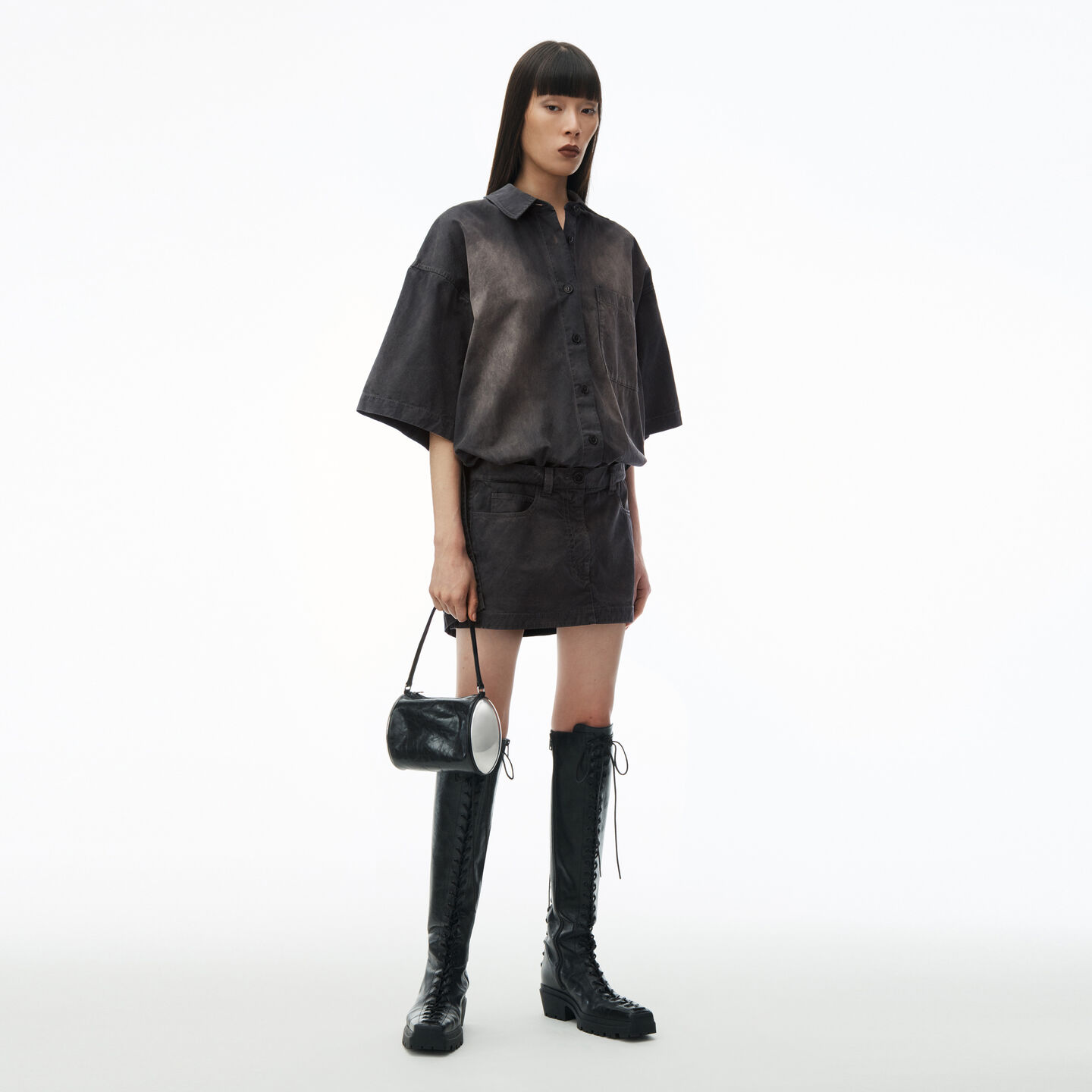 Shop Alexander Wang Pre-styled Short Sleeve Minidress In Cotton In Washed Black Pearl