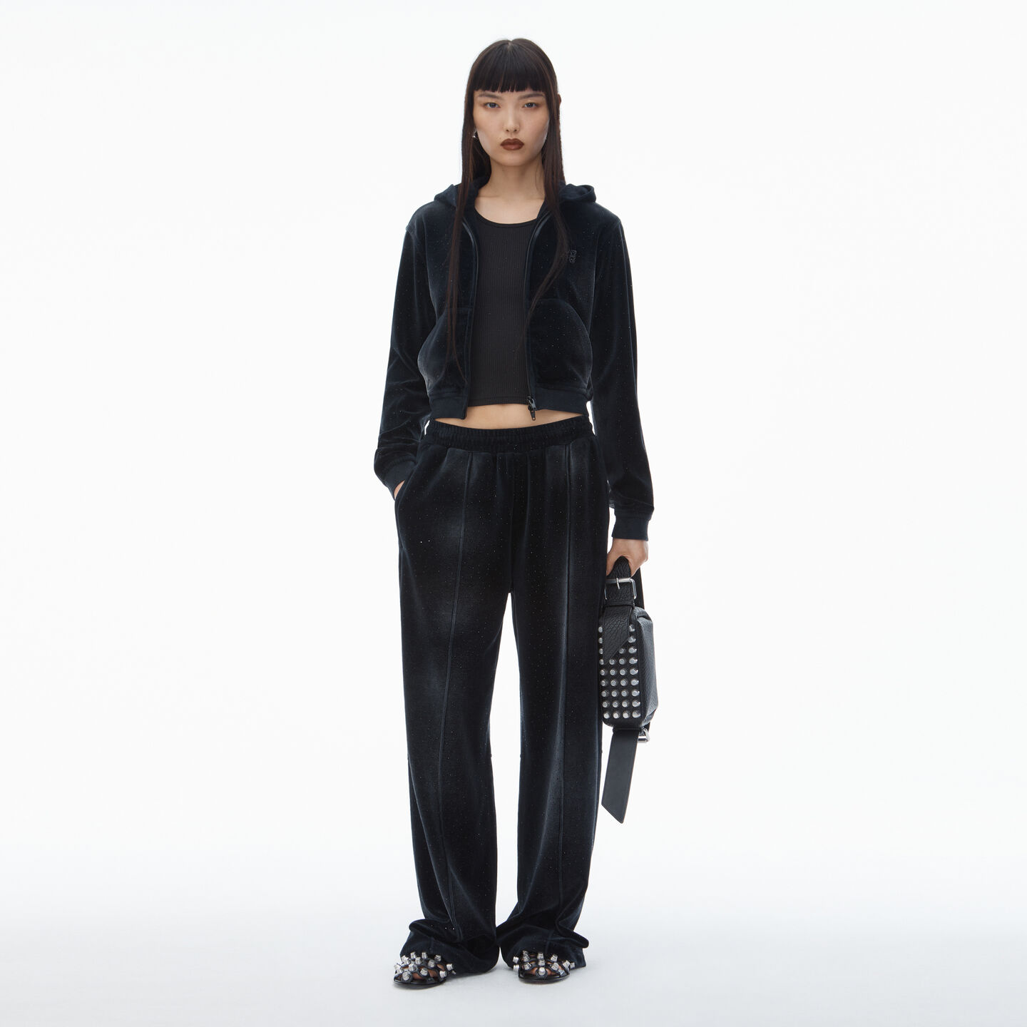 Alexander Wang Sweatpant With Clear Bead Hotfix In Crushed Velour In Washed Nickel