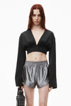 Alexander Wang black cropped v-neck blouse in satin jersey