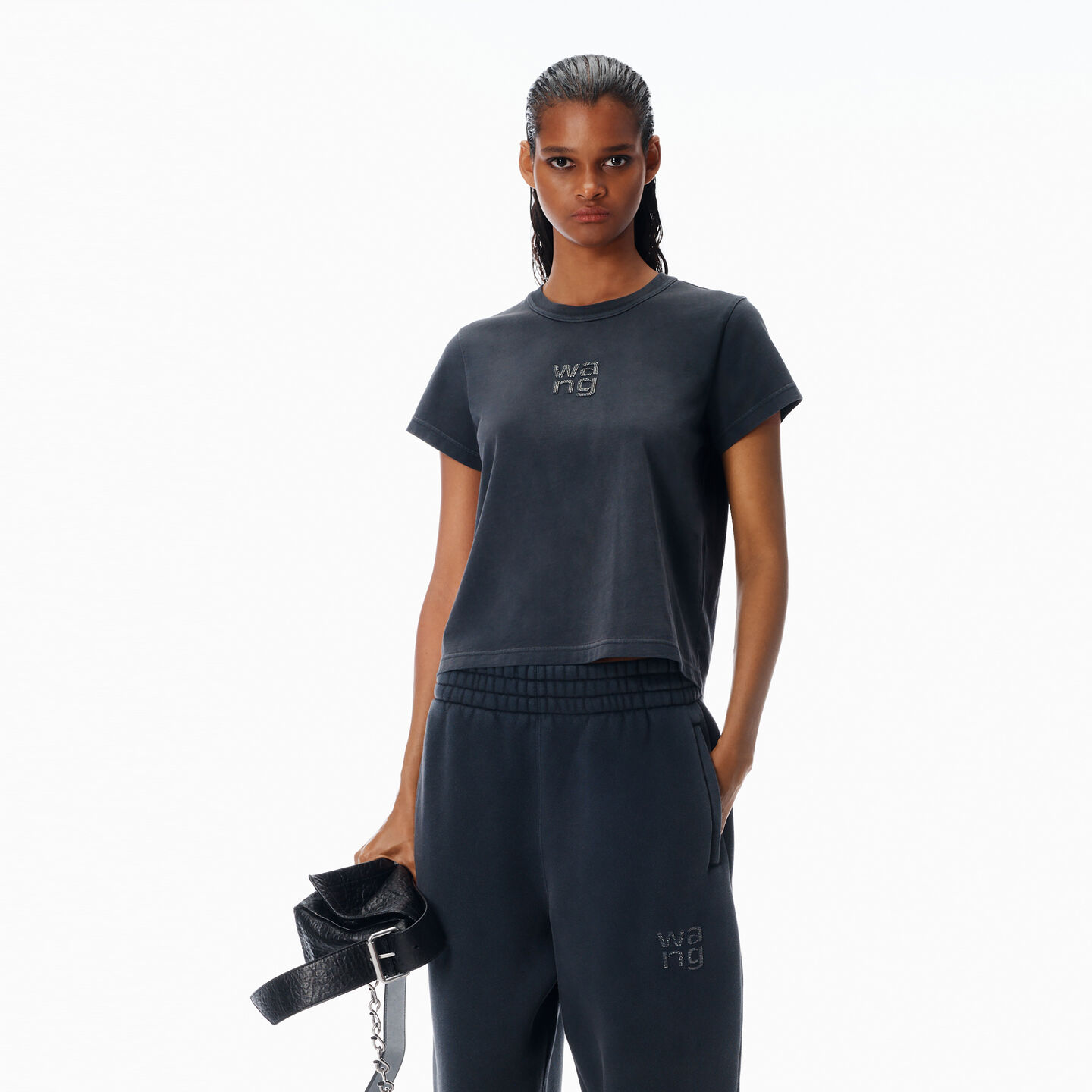 Alexander Wang Crystal Hotfix Logo Jersey Shrunken In Black