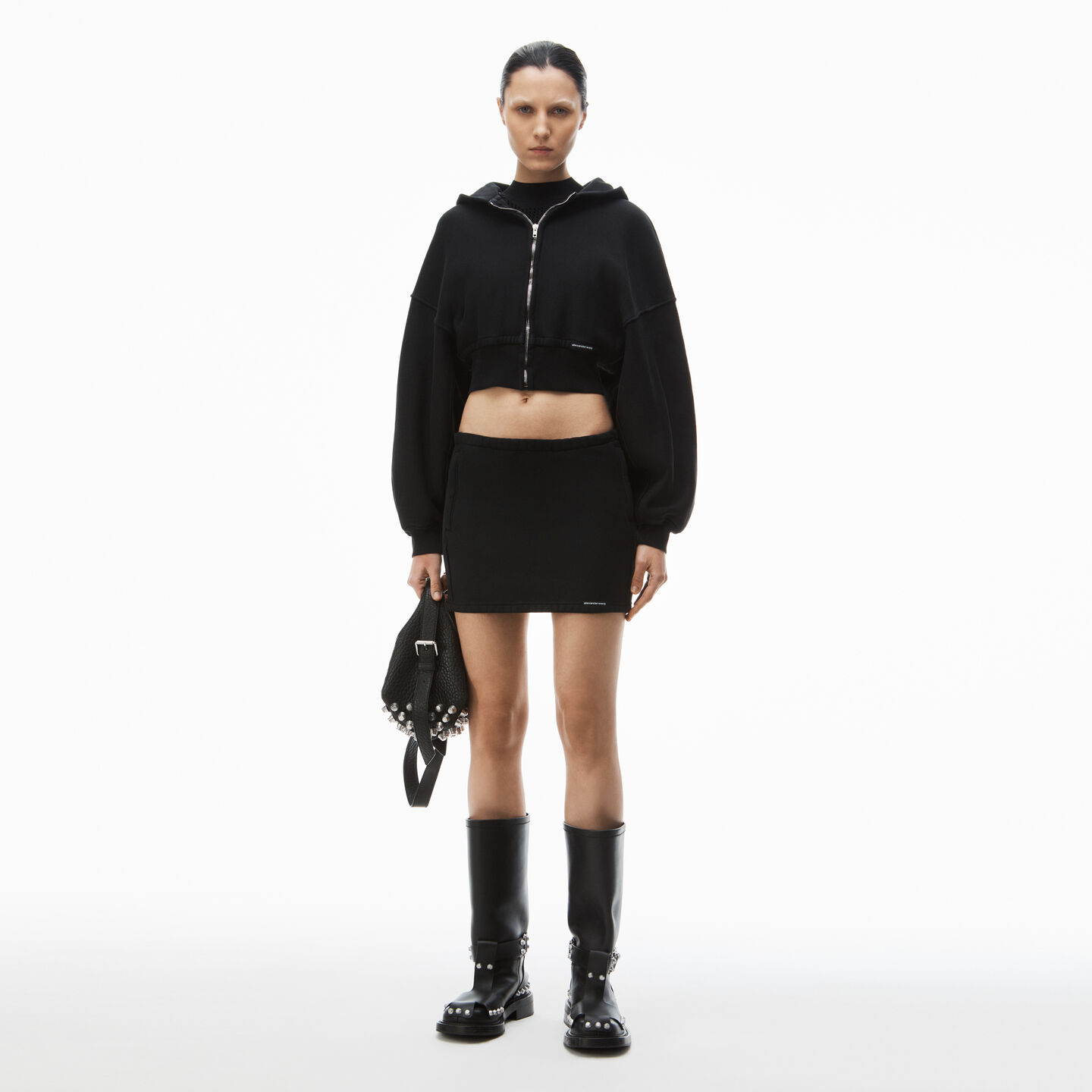 Alexander Wang Mini Skirt In Classic Cotton Terry With Logo Waistband In Faded Black