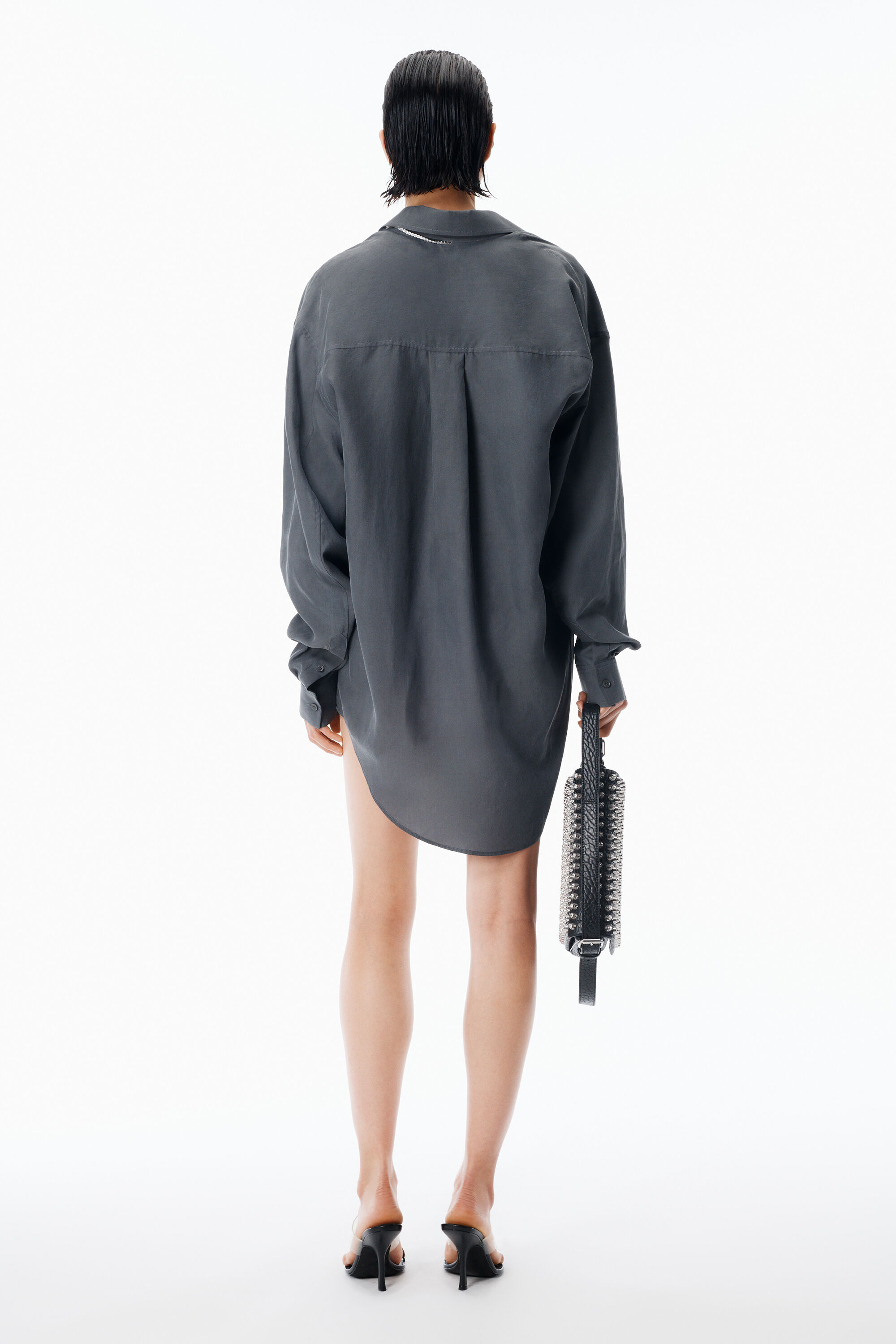 Pre-Styled Off-Shoulder Shirtdress in THUNDER GREY | alexanderwang®