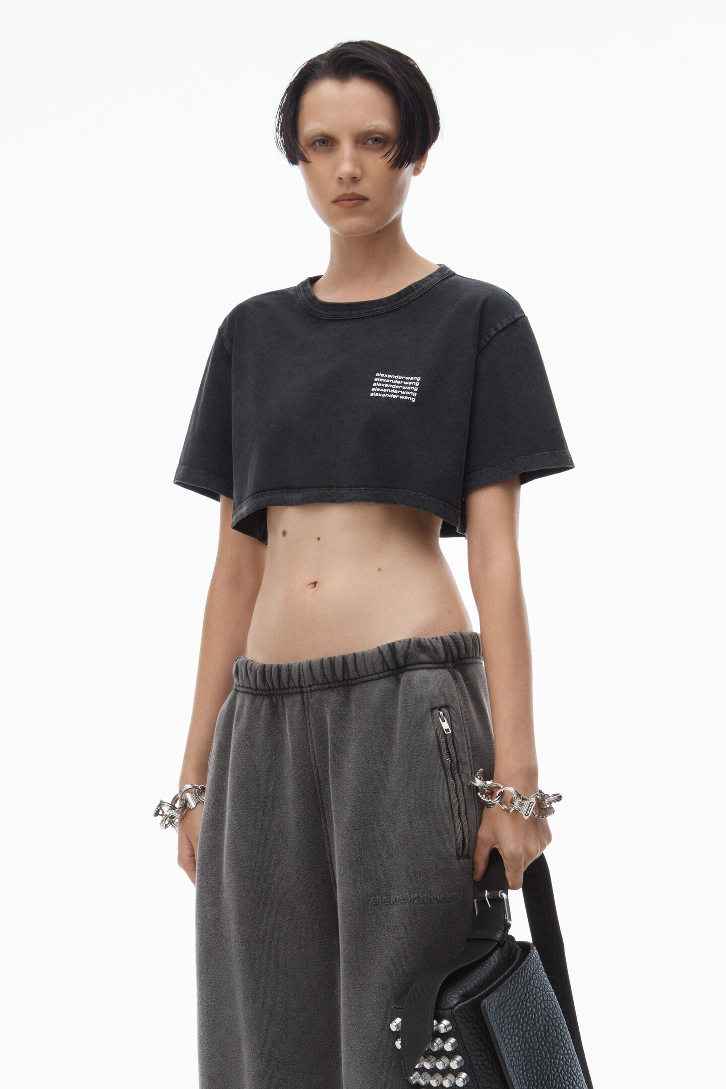 Alexanderwang Crop Tee In Acid Wash Jersey Acid Black Alexanderwang Ro