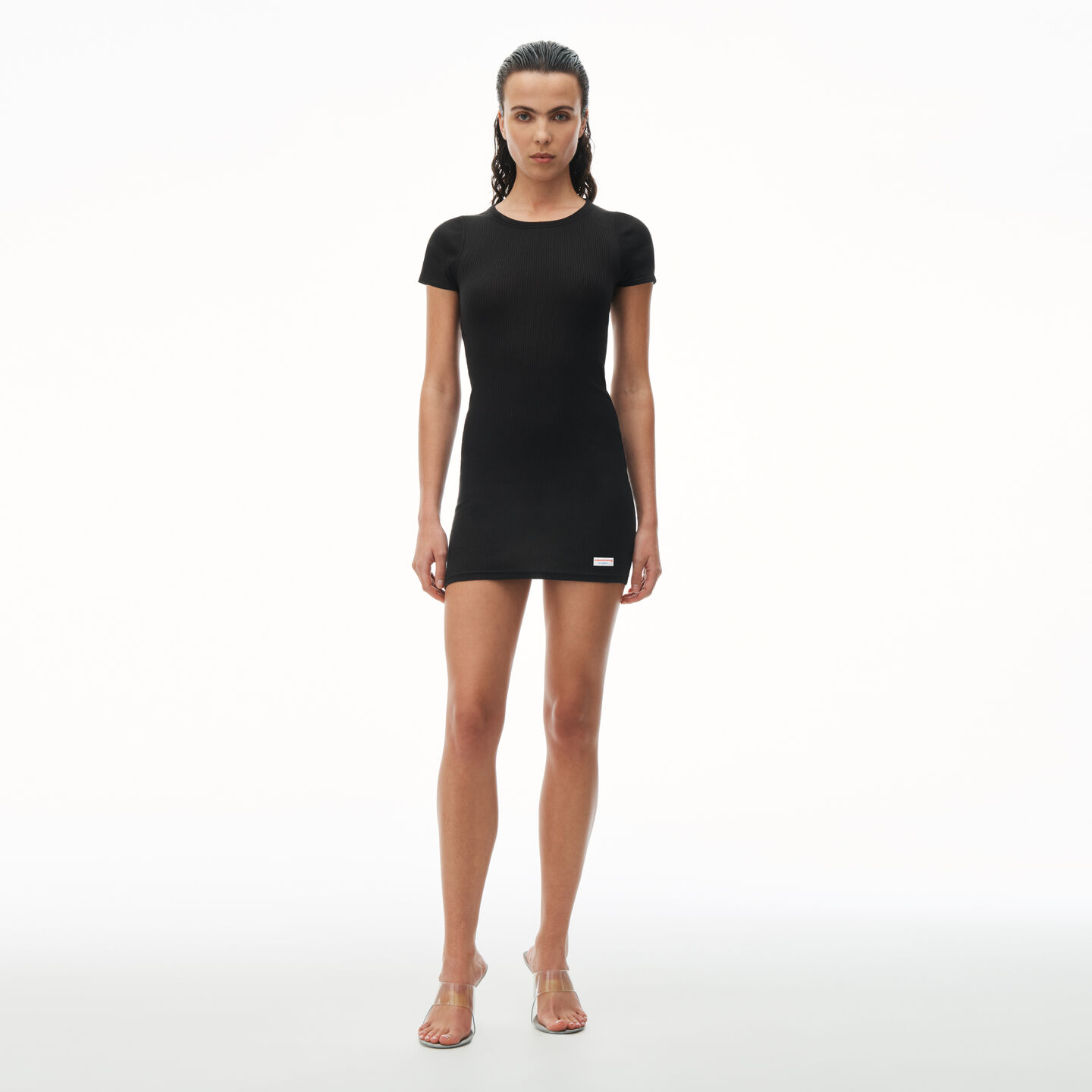 Alexander Wang Short Sleeve Crewneck Dress In Ribbed Cotton In Black