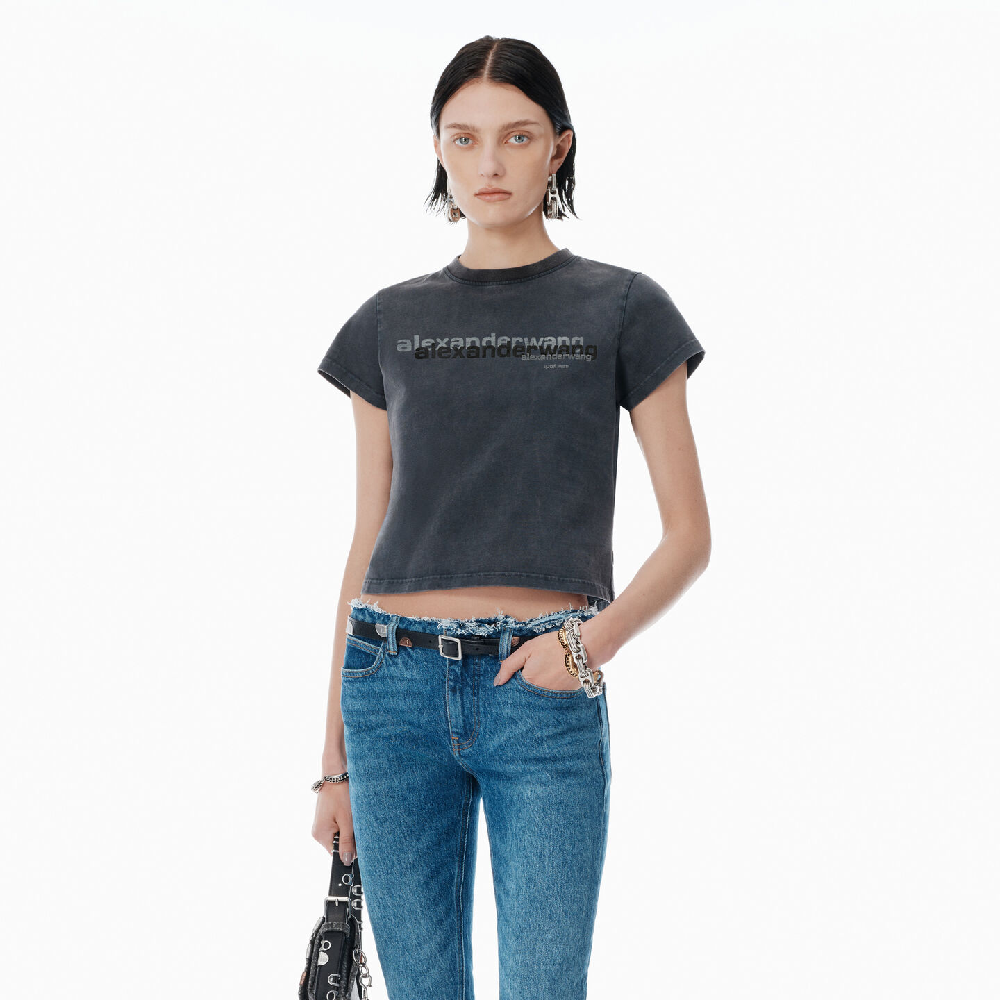 Alexander Wang Black Cotton Shrunken Logo Tee In Black