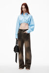 Alexander Wang chambray blue cropped drawstring blouse in cotton & crystal hotfix poplin