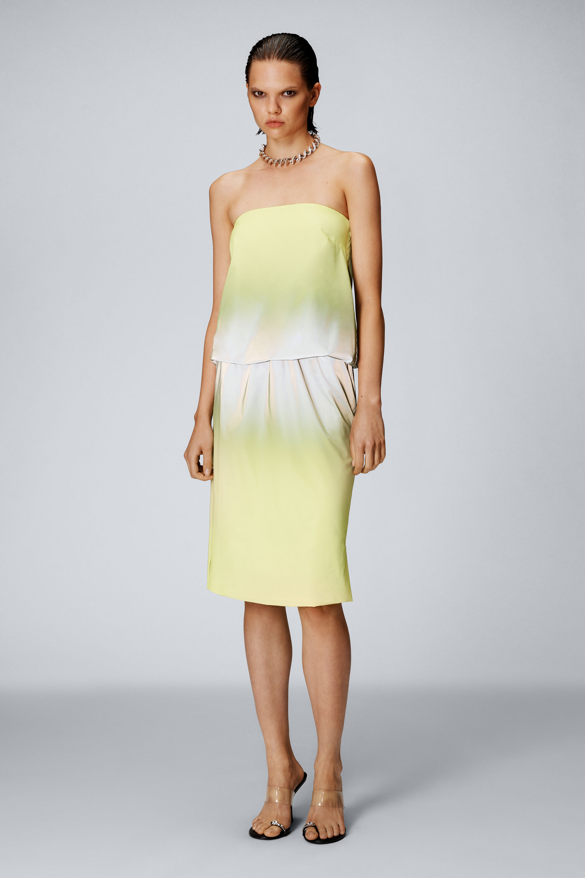 alexanderwang+ クリスタル装飾ストレッチ チュールトップ　S Reflective Strapless Bubble Top in SILVER/YELLOW | alexanderwang®