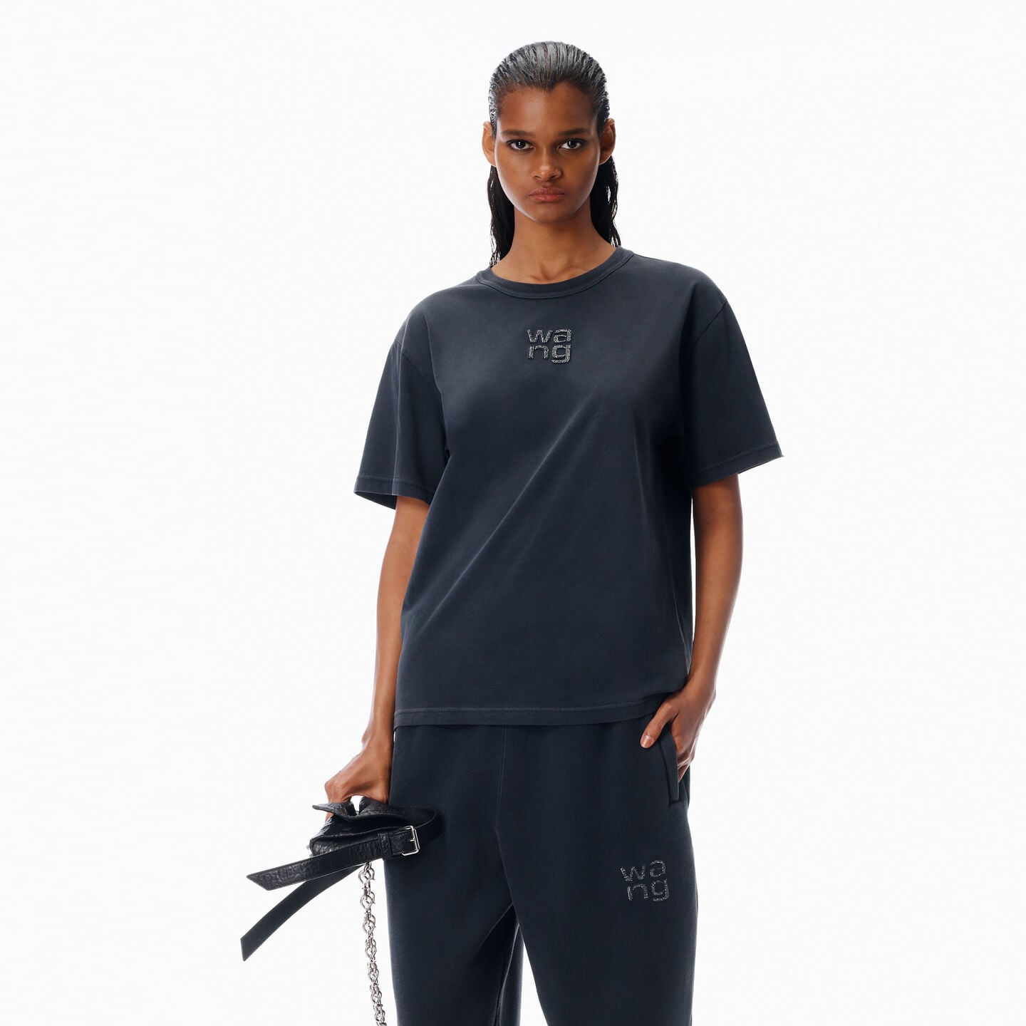 Alexander Wang Crystal Hotfix Tee In Jersey In Black