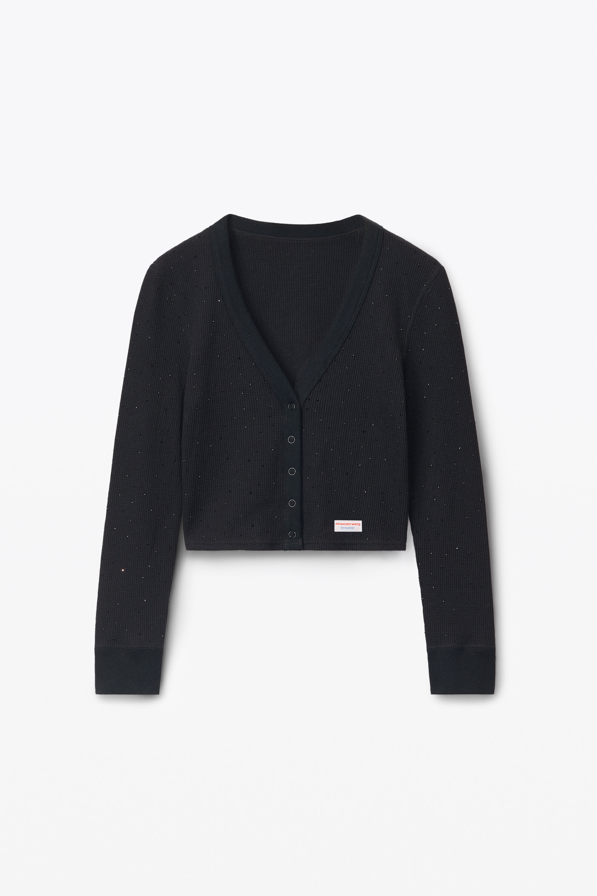 Crystal Hotfix Long-Sleeve Cardigan in Waffle Knit in BLACK
