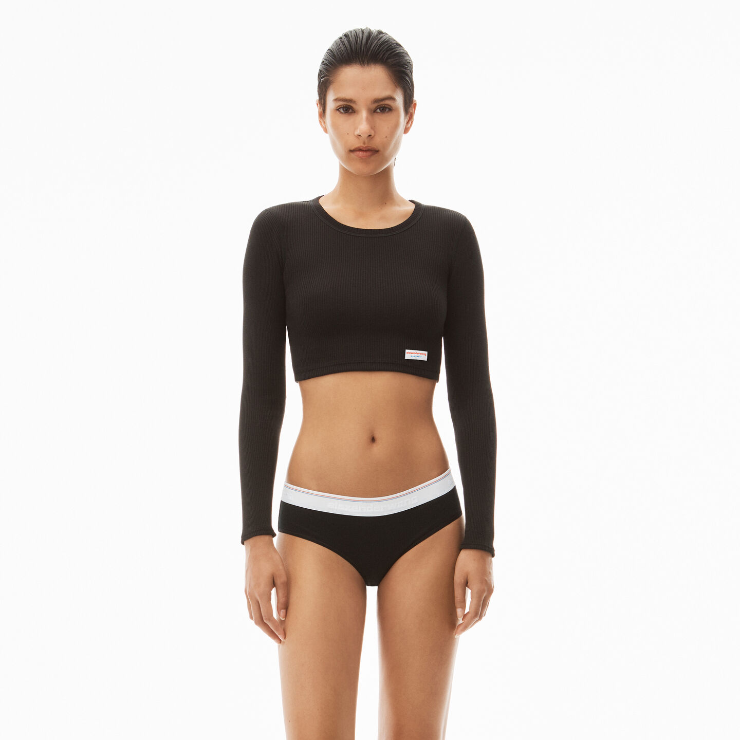 Alexander Wang Cropped Long Sleeve Tee In Ribbed Jersey In Black