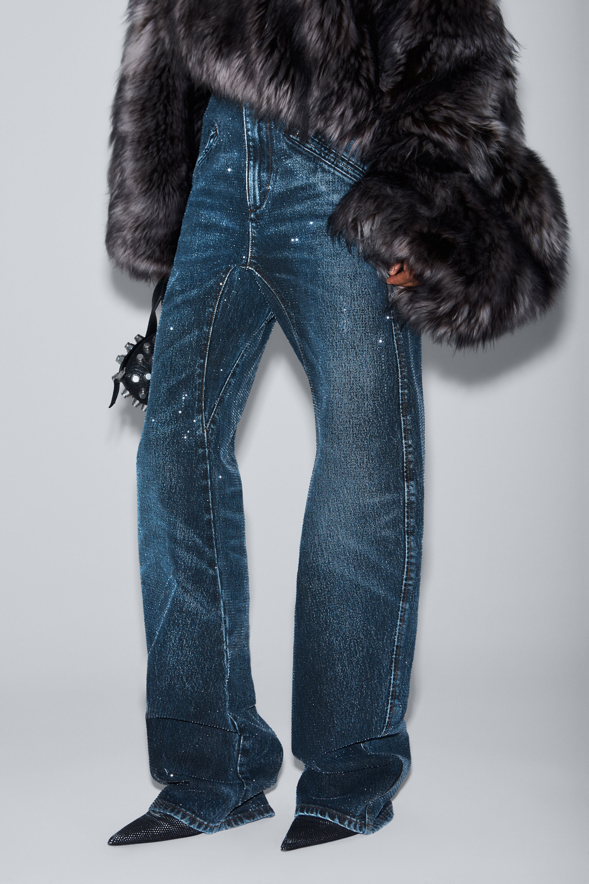 clear crystal hotfix moto pant in cotton denim in BLACK