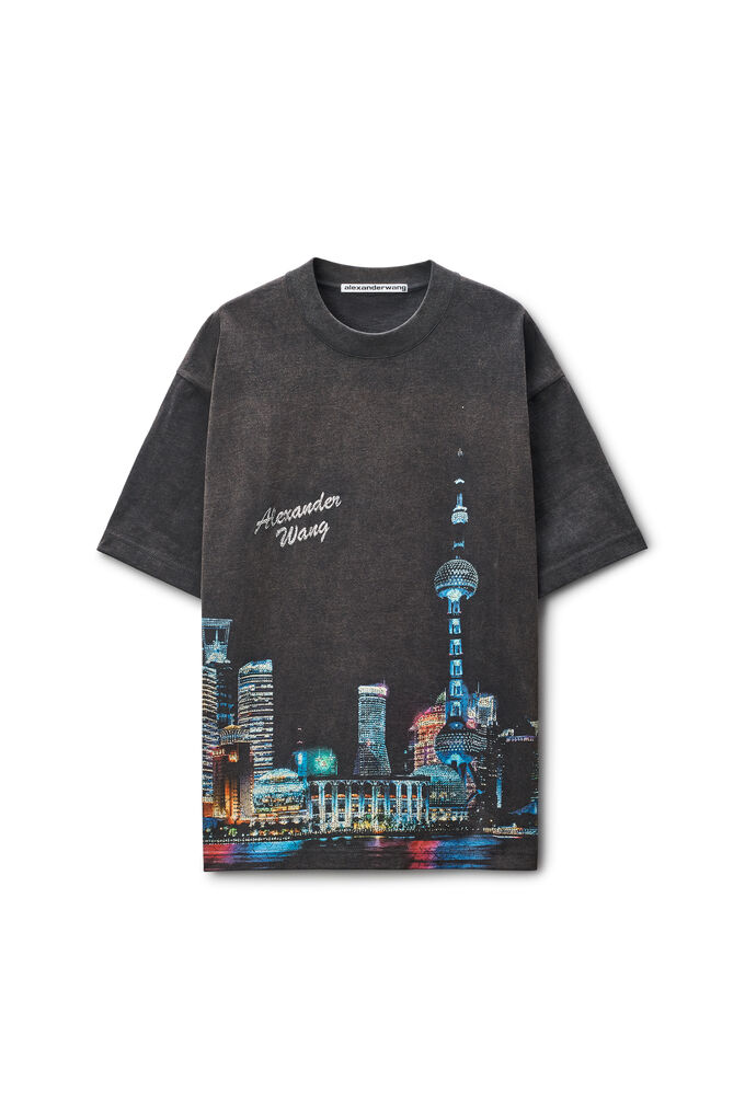 Alexander Wang Shanghai Skyline Crystal Hotfix T-shirt In Black
