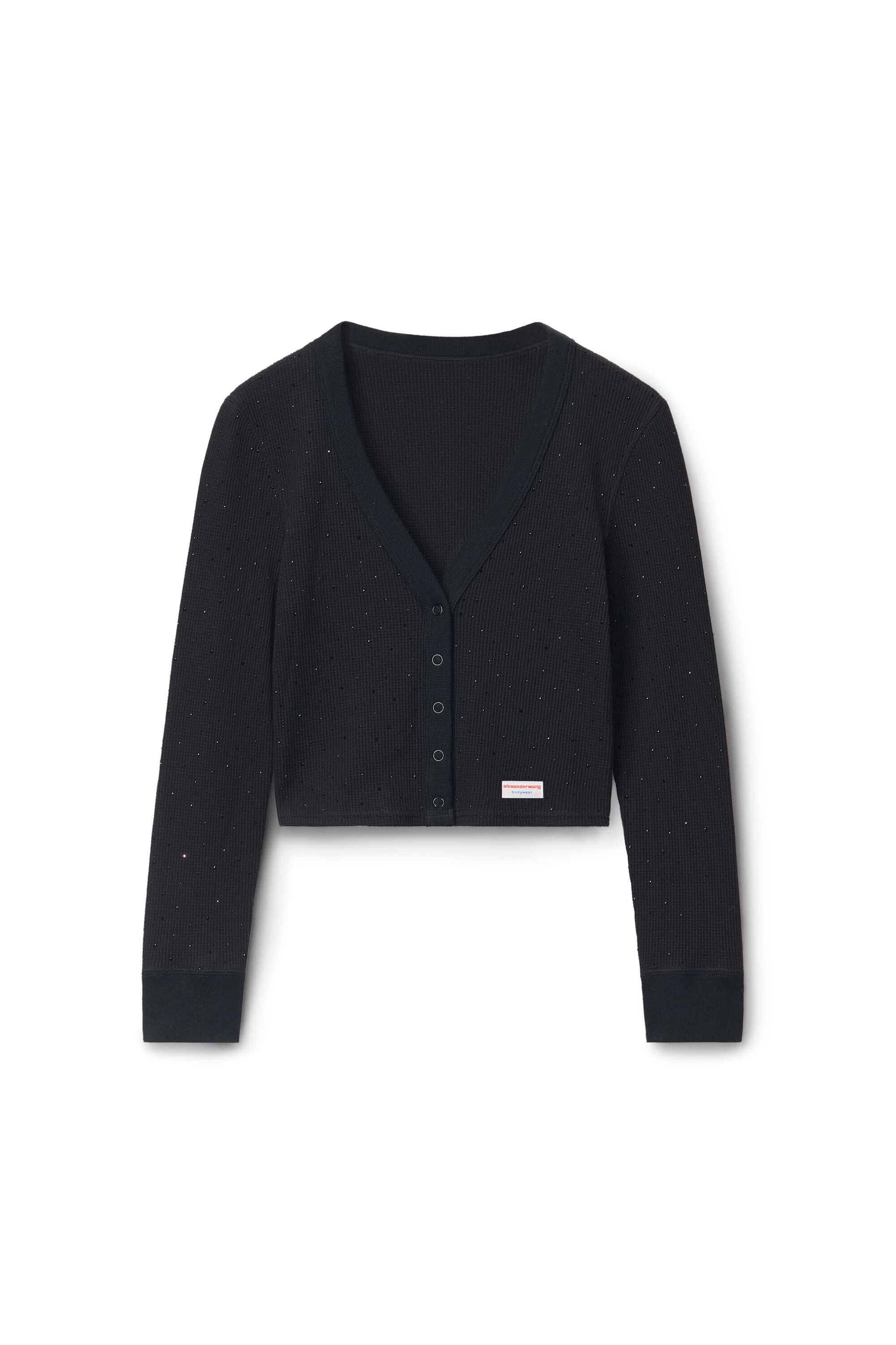 Crystal Hotfix Long-Sleeve Cardigan in Waffle Knit in BLACK