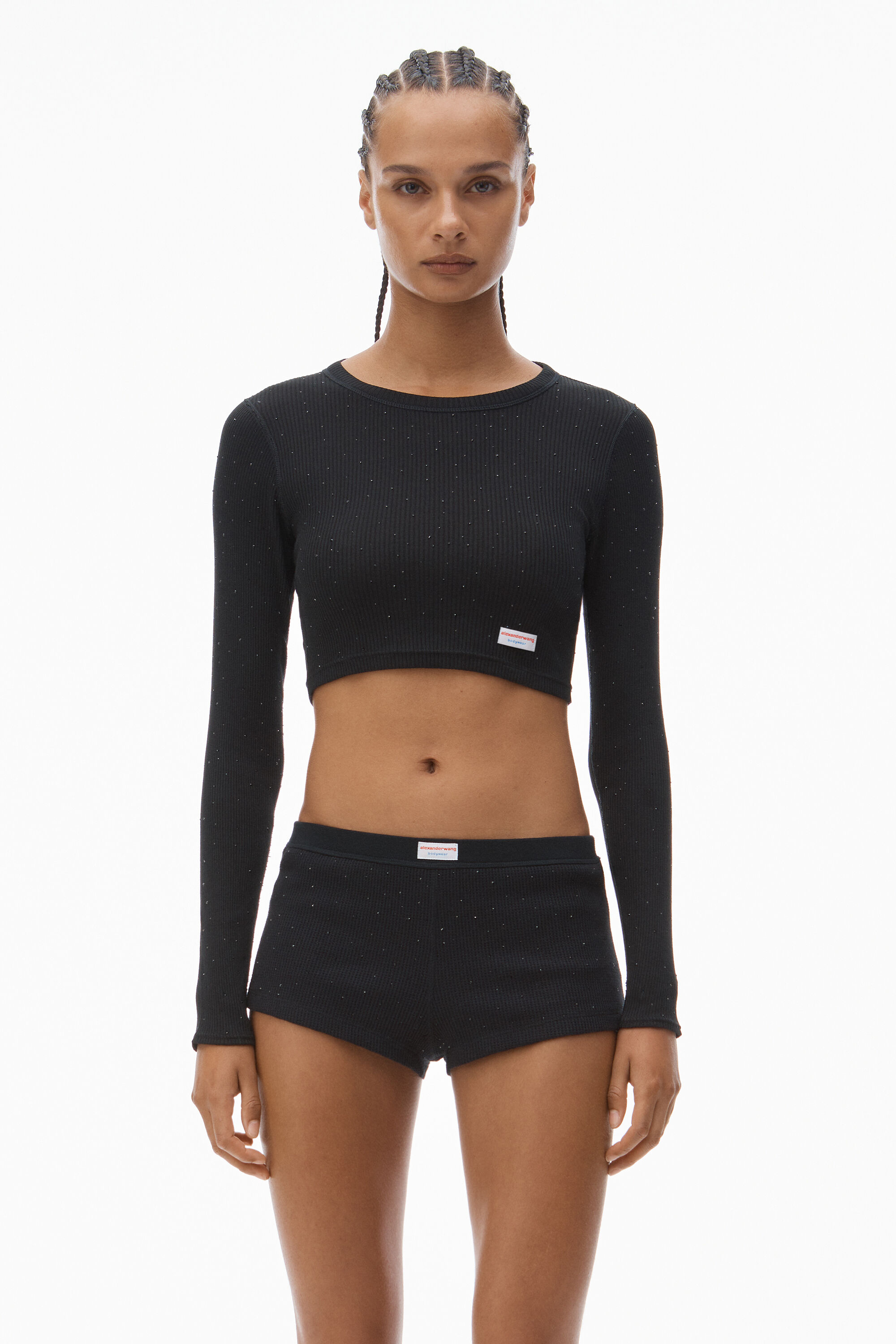 Crystal Hotfix Cropped Long sleeve Tee in BLACK | alexanderwang®