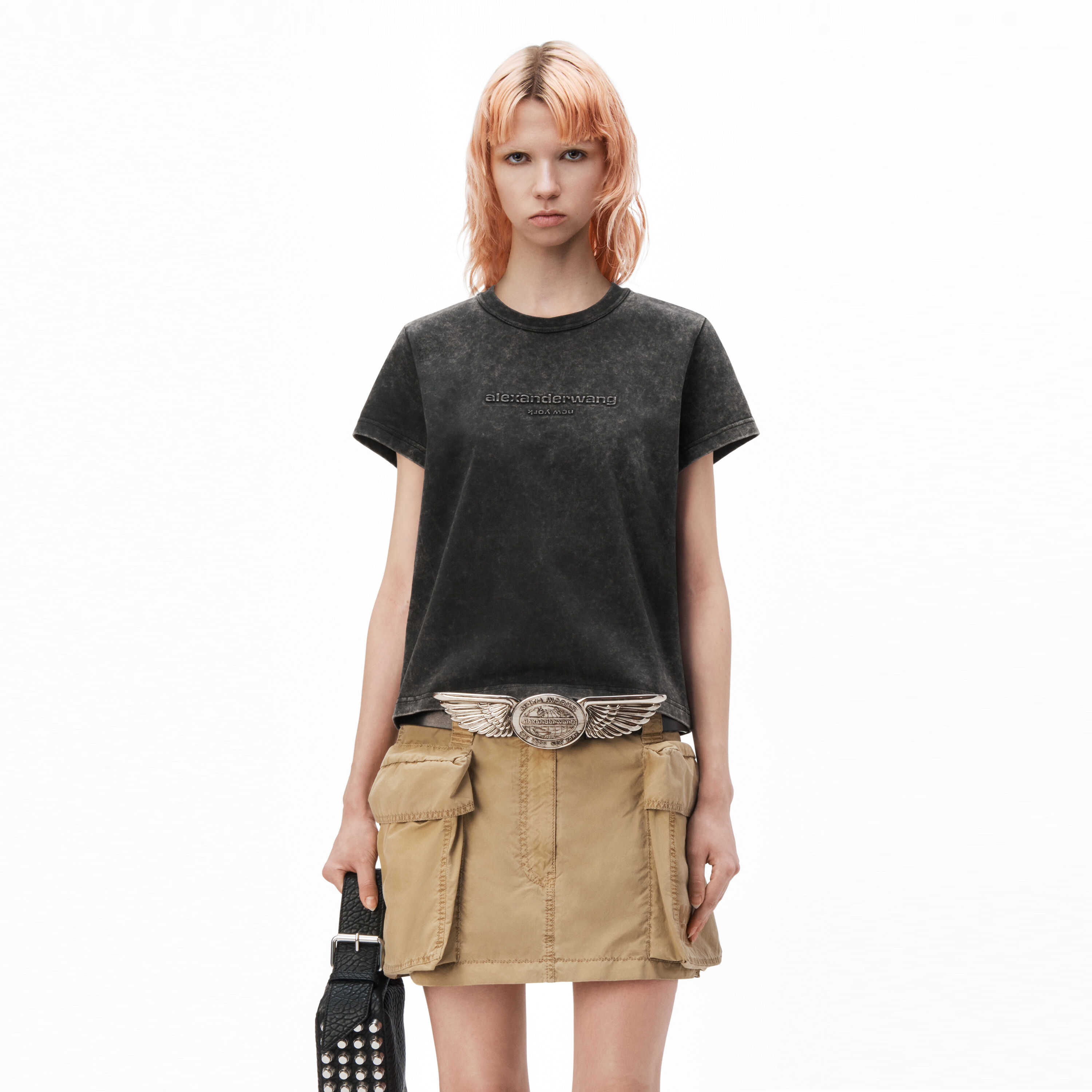 Alexander Wang Logo Embossed Acid Wash Shrunken Tee In Acid