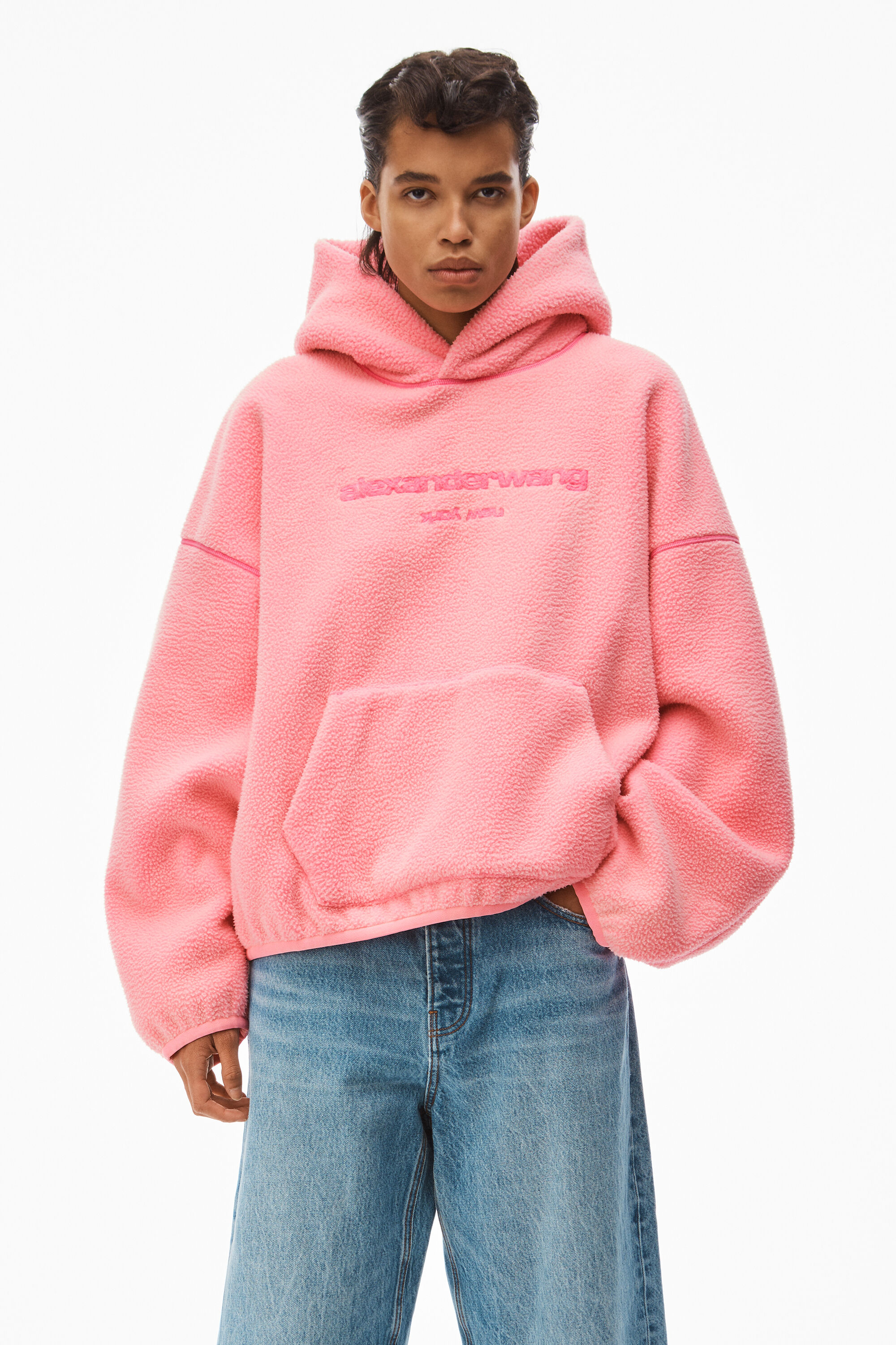 alexanderwang HOODED SWEATSHIRT IN TEDDY FLEECE KNOCKOUT PINK 