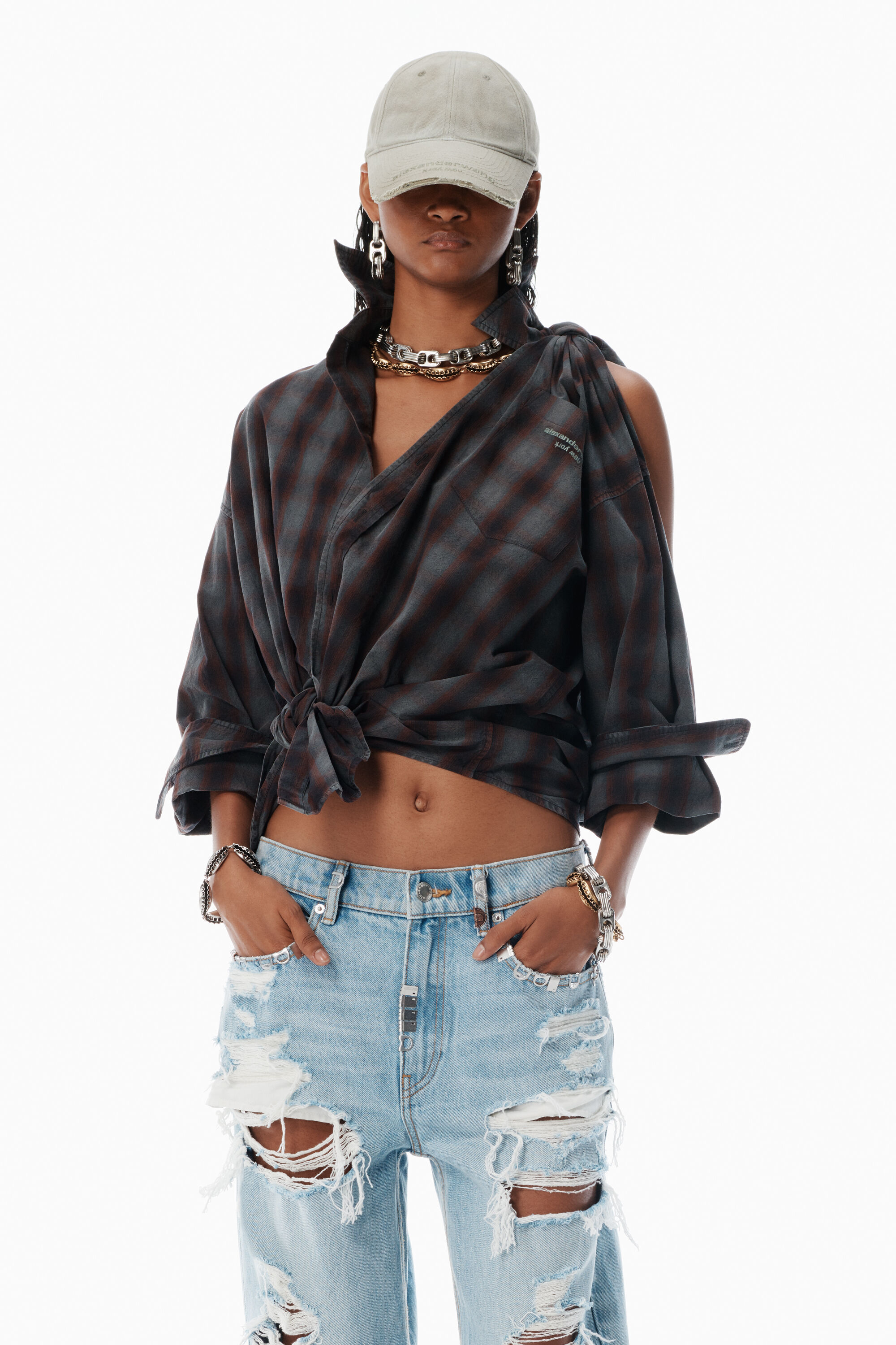 Red Plaid Asymmetric Button Up Shirt in SMOG RED PLAID