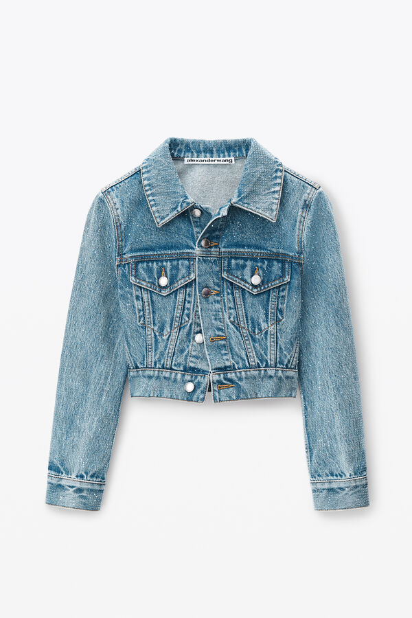Cropped Denim Trucker Jacket in Clear Hotfix in VINTAGE LIGHT 
