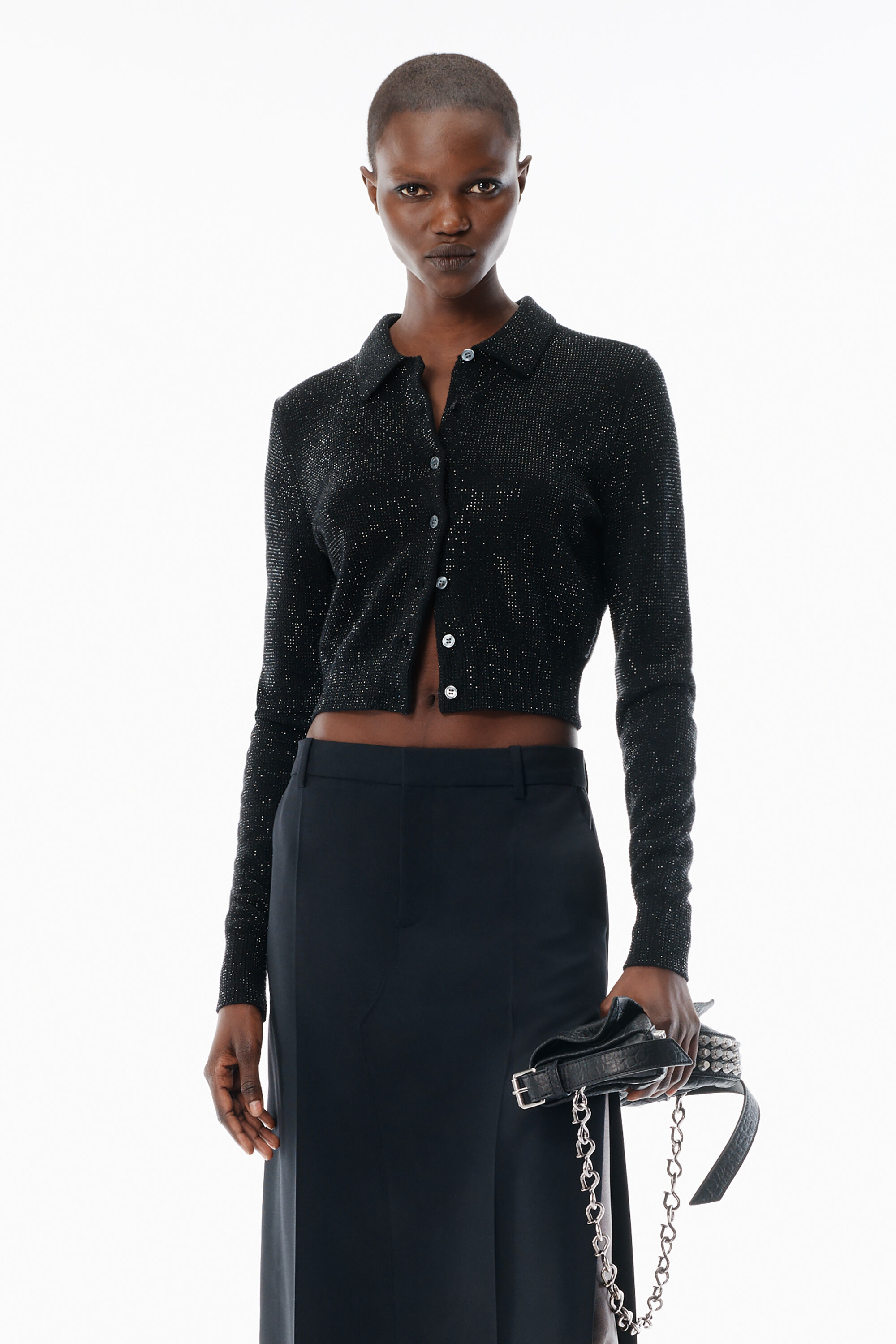 Black Wool-Blend Hotfix Polo Cardigan in BLACK | alexanderwang®