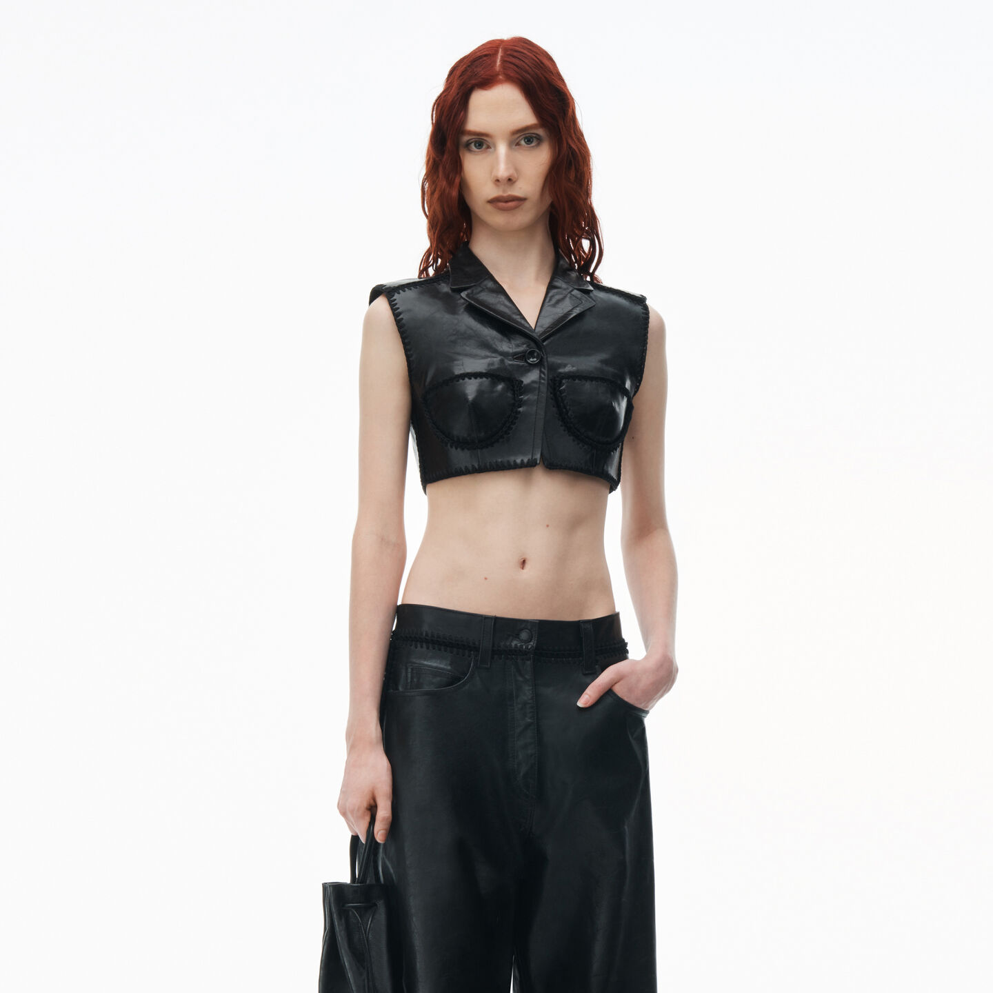 Shop Alexander Wang Sleeveless Cropped Waistcoat In Leather In Black