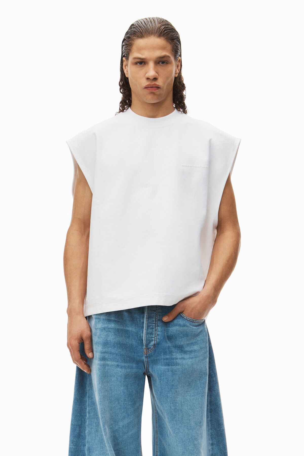 puffed logo muscle tank top in cotton in WHITE | body: 100% cotton 
