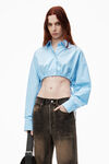 Alexander Wang chambray blue cropped drawstring blouse in cotton & crystal hotfix poplin