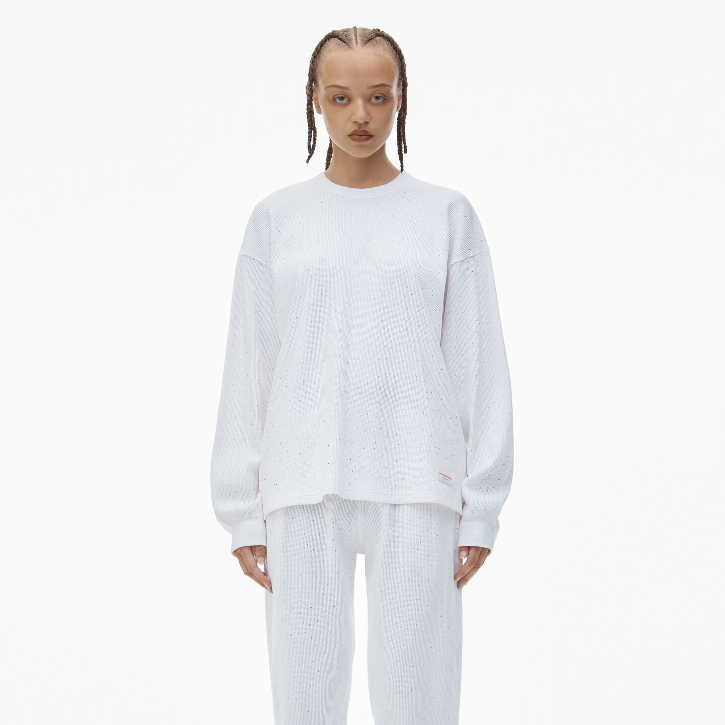 ALEXANDER WANG CRYSTAL HOTFIX CREWNECK LONG-SLEEVE TEE IN WAFFLE KNIT 