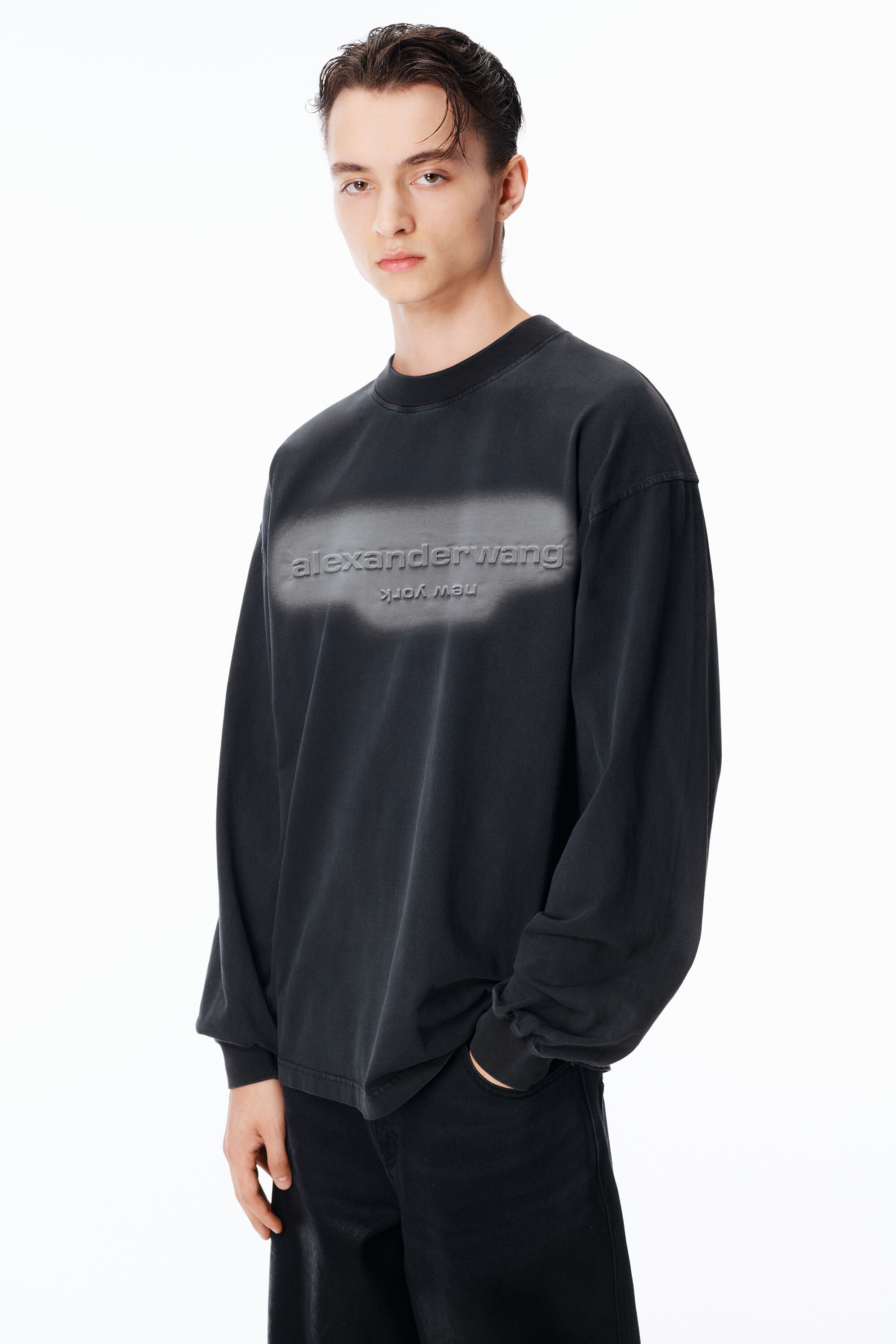Unisex Long Sleeve Logo Tee in Jersey Oversized in WASHED BLACK