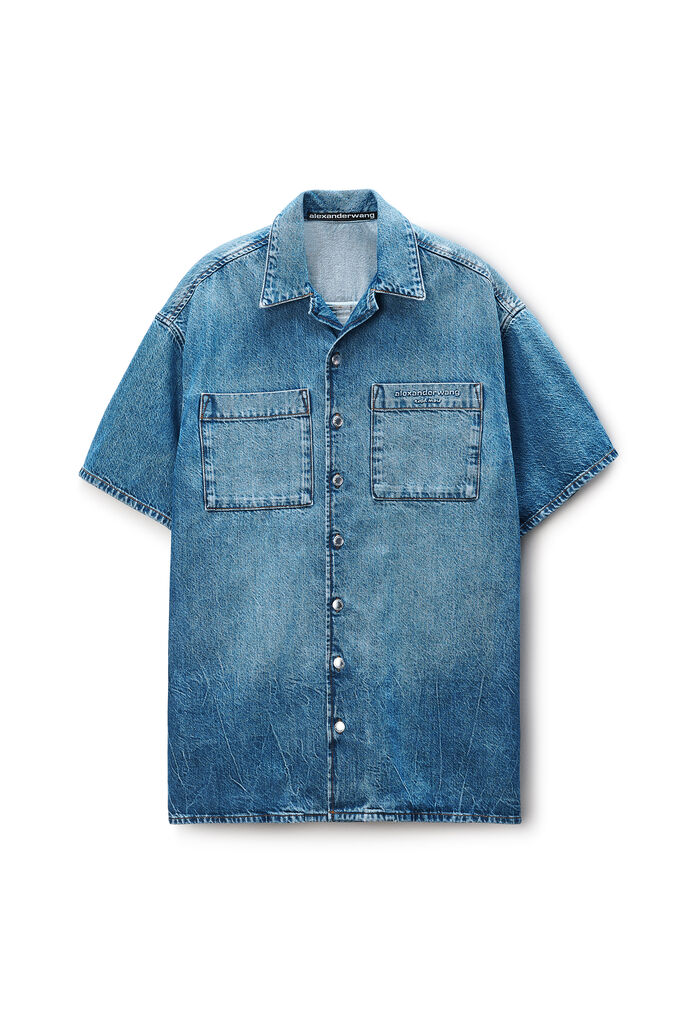 alexander wang blue shirt dress Alexander Wang Draped Button Up Dress with Placket Detail in Chambray Blue