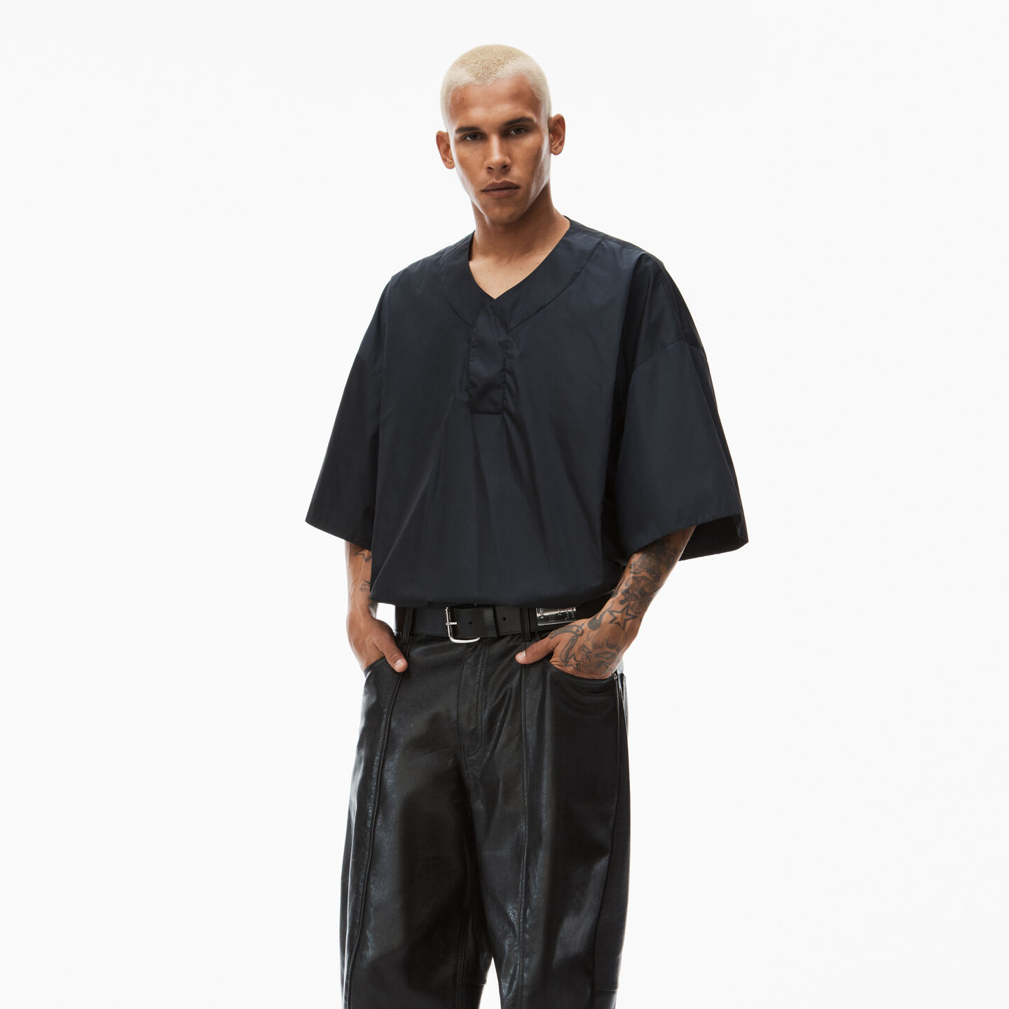 Alexander Wang Short Sleeve V Neck In Crisp Nylon In Black
