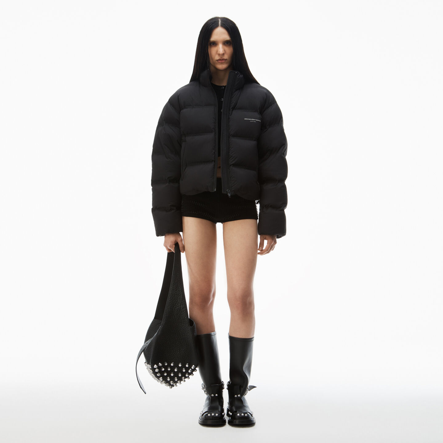 Alexander Wang Cropped Puffer Coat With Reflective Logo In Black