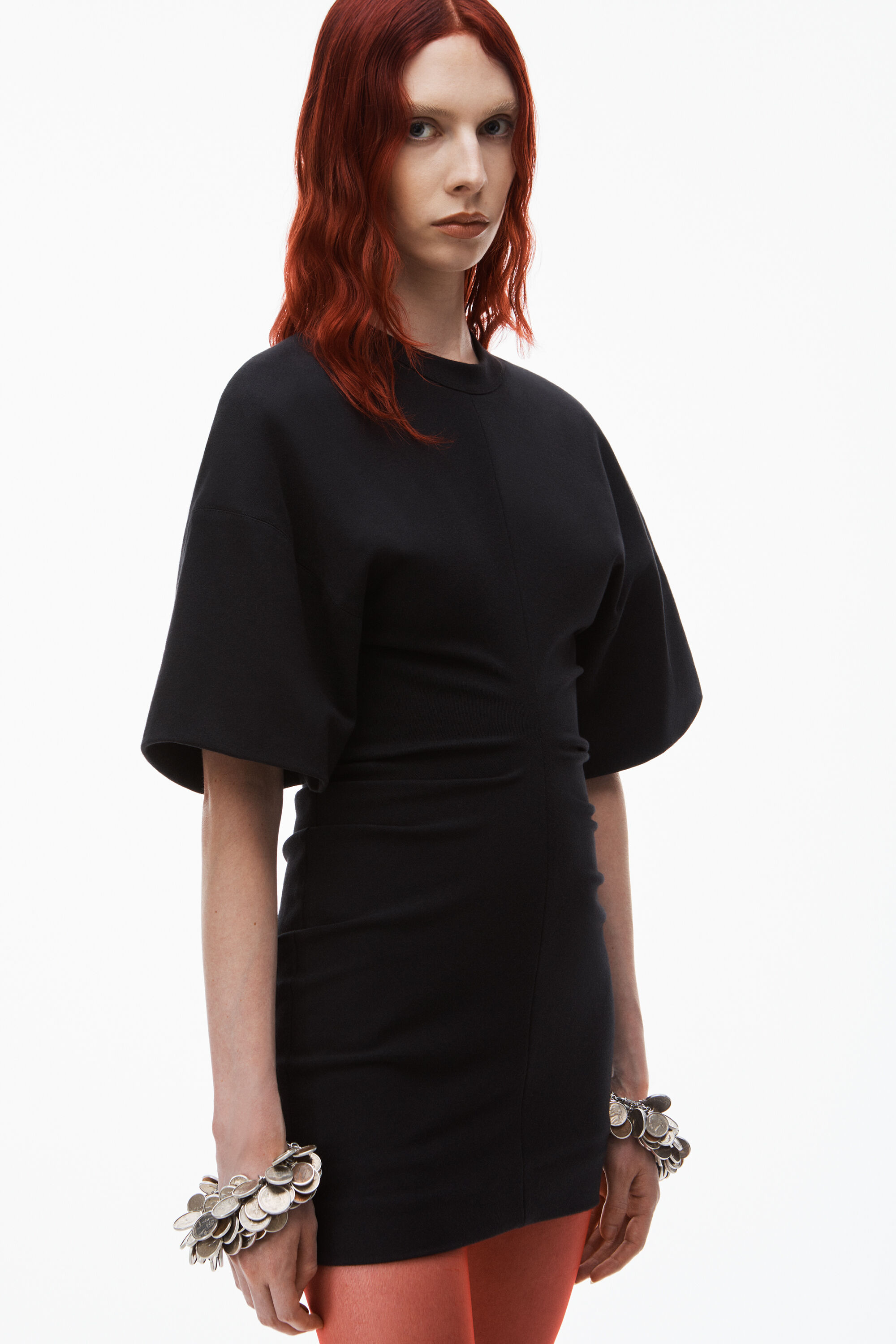 crewneck ribbed jersey mini dress with draped detail