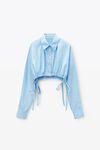 Alexander Wang chambray blue cropped drawstring blouse in cotton & crystal hotfix poplin