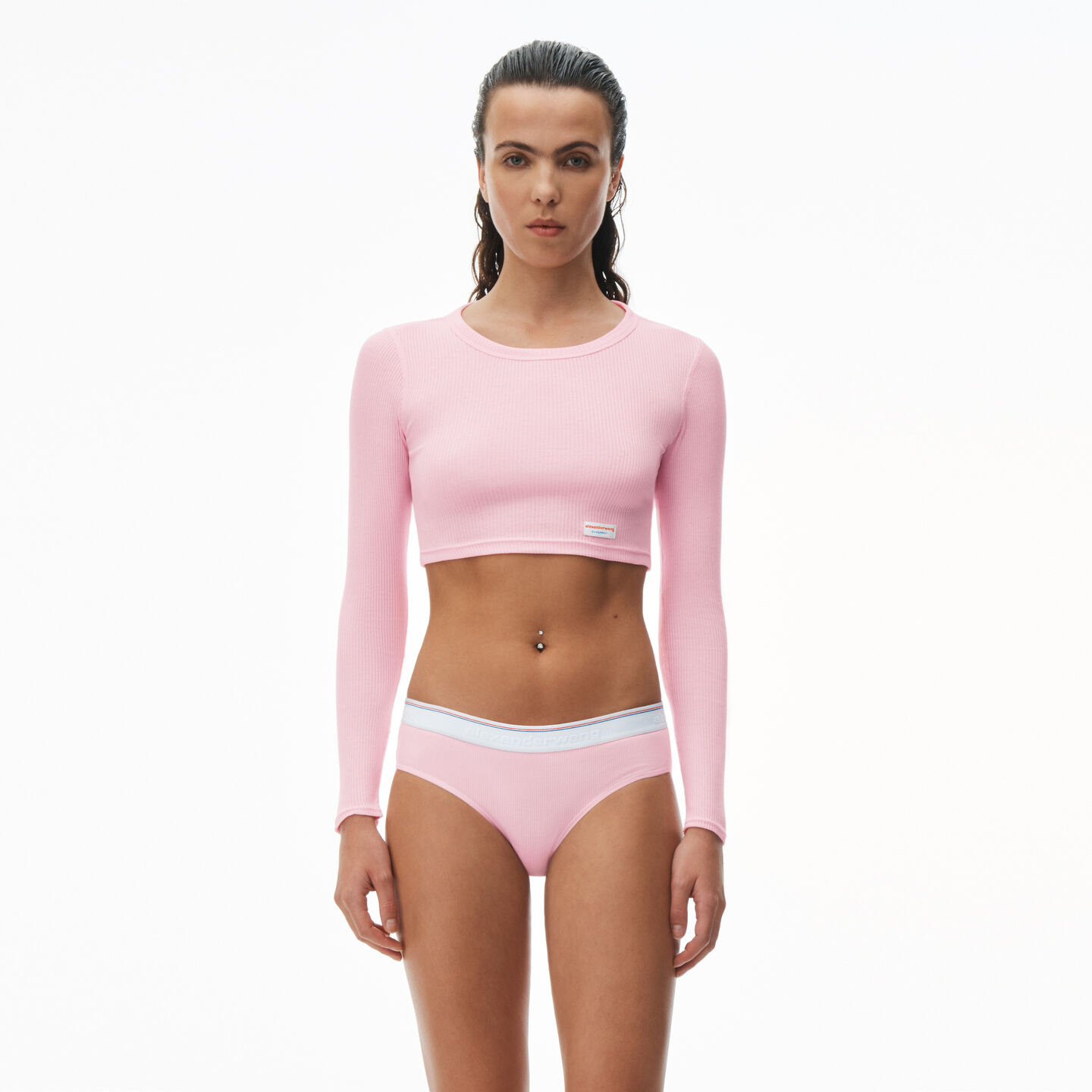 Shop Alexander Wang Cropped Long-sleeve Tee In Ribbed Cotton Jersey In Light Pink
