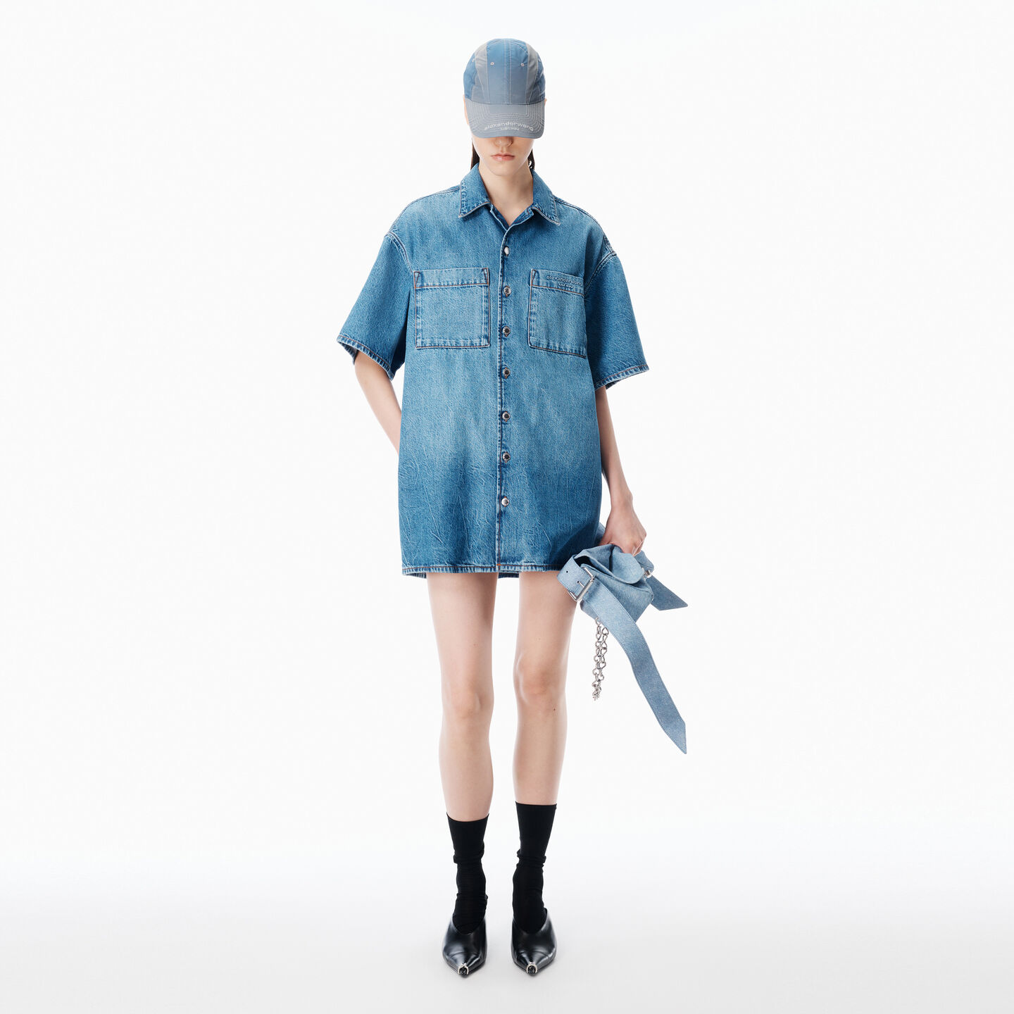 Alexander Wang Boxy Denim Shirtdress In Blue